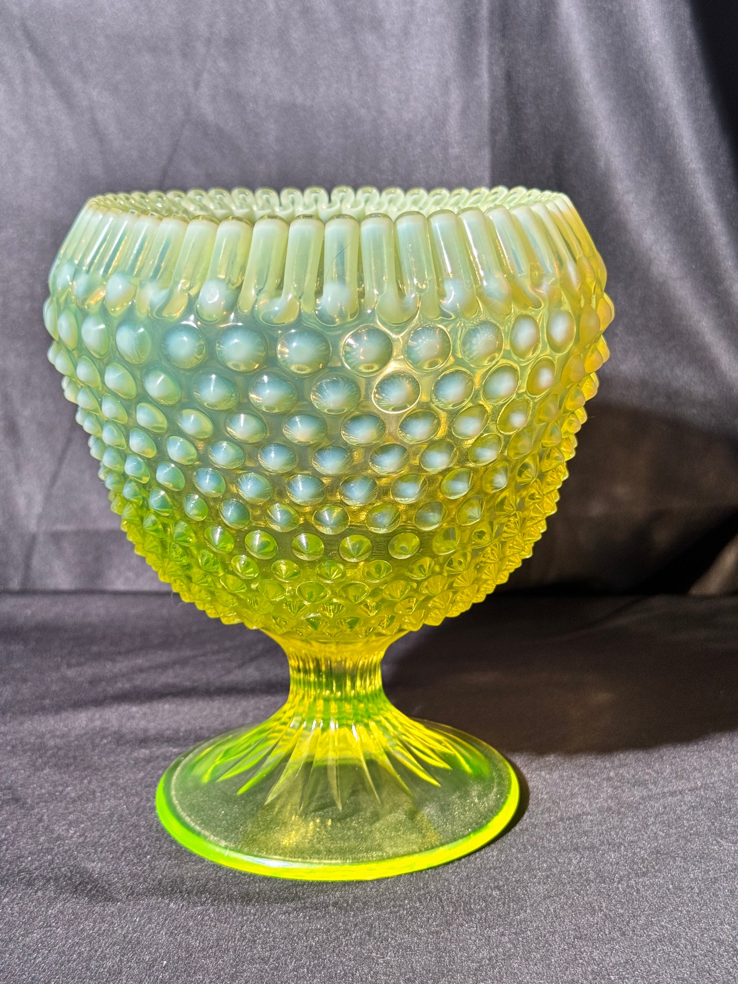 Uranium- Fenton- Hobnail-Crimped Footed Large Flower Vase- Topaz opalescent -