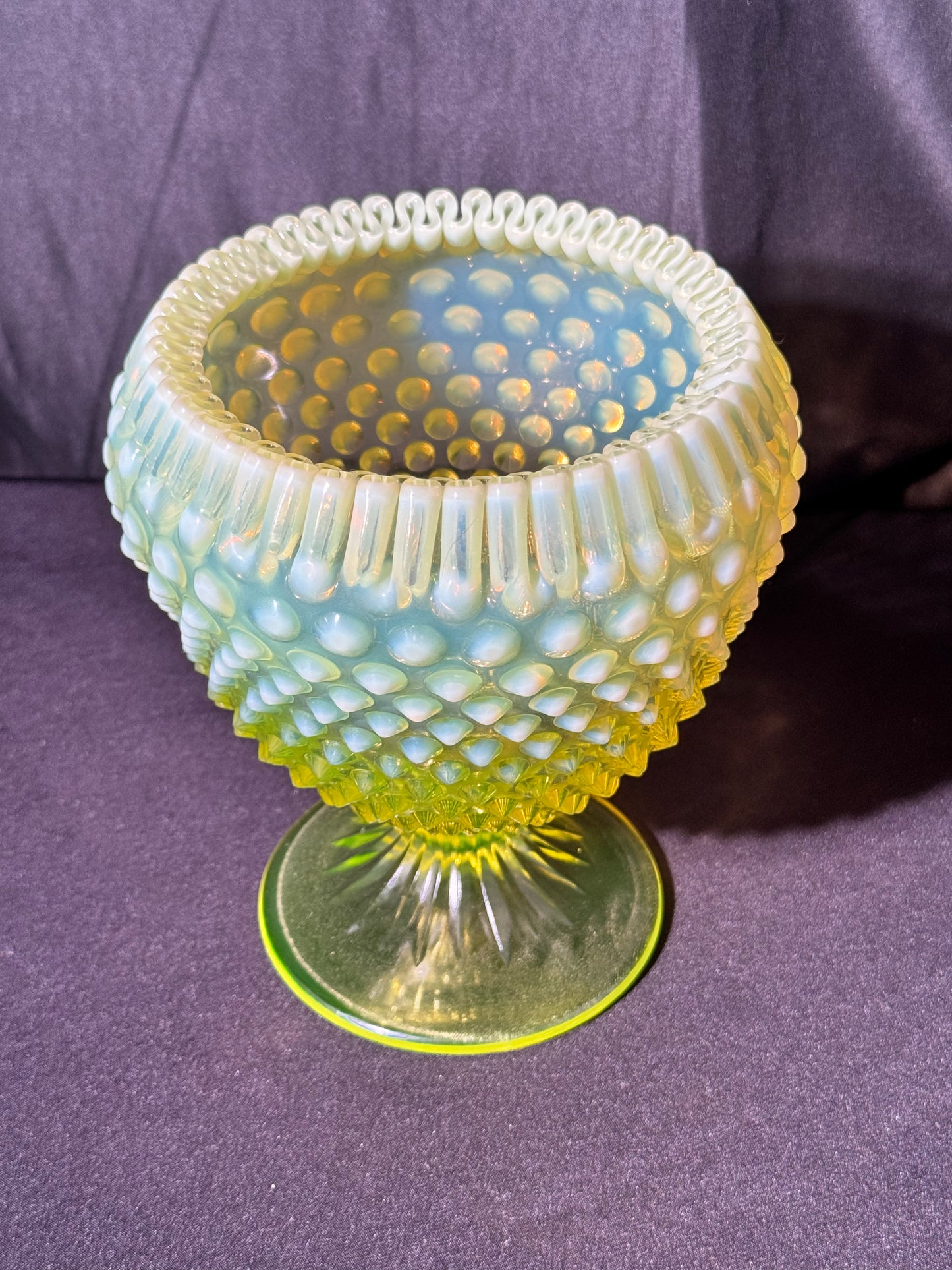 Uranium- Fenton- Hobnail-Crimped Footed Large Flower Vase- Topaz opalescent -