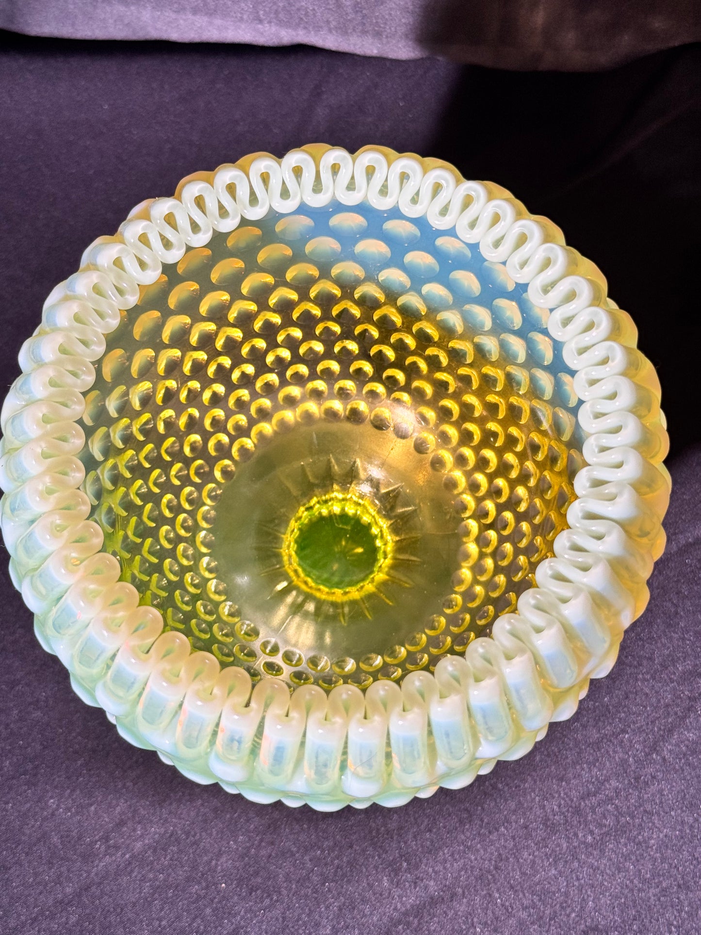 Uranium- Fenton- Hobnail-Crimped Footed Large Flower Vase- Topaz opalescent -