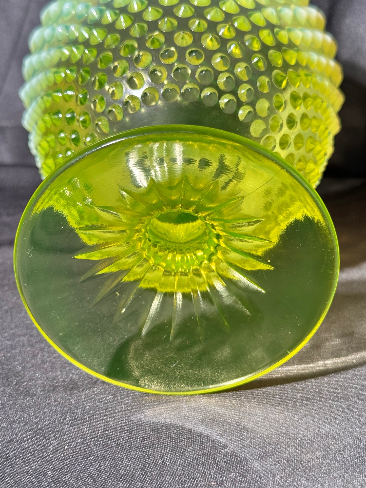 Uranium- Fenton- Hobnail-Crimped Footed Large Flower Vase- Topaz opalescent -