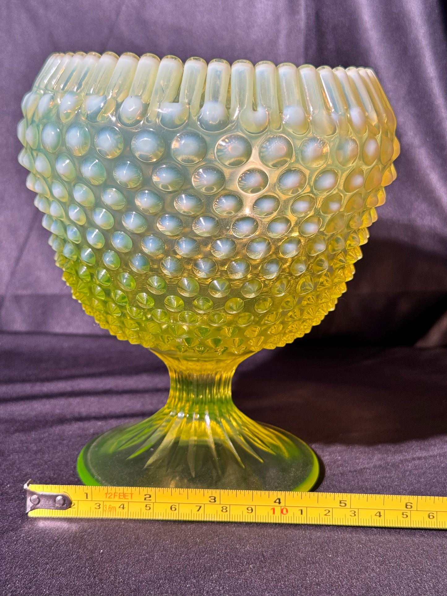 Uranium- Fenton- Hobnail-Crimped Footed Large Flower Vase- Topaz opalescent -