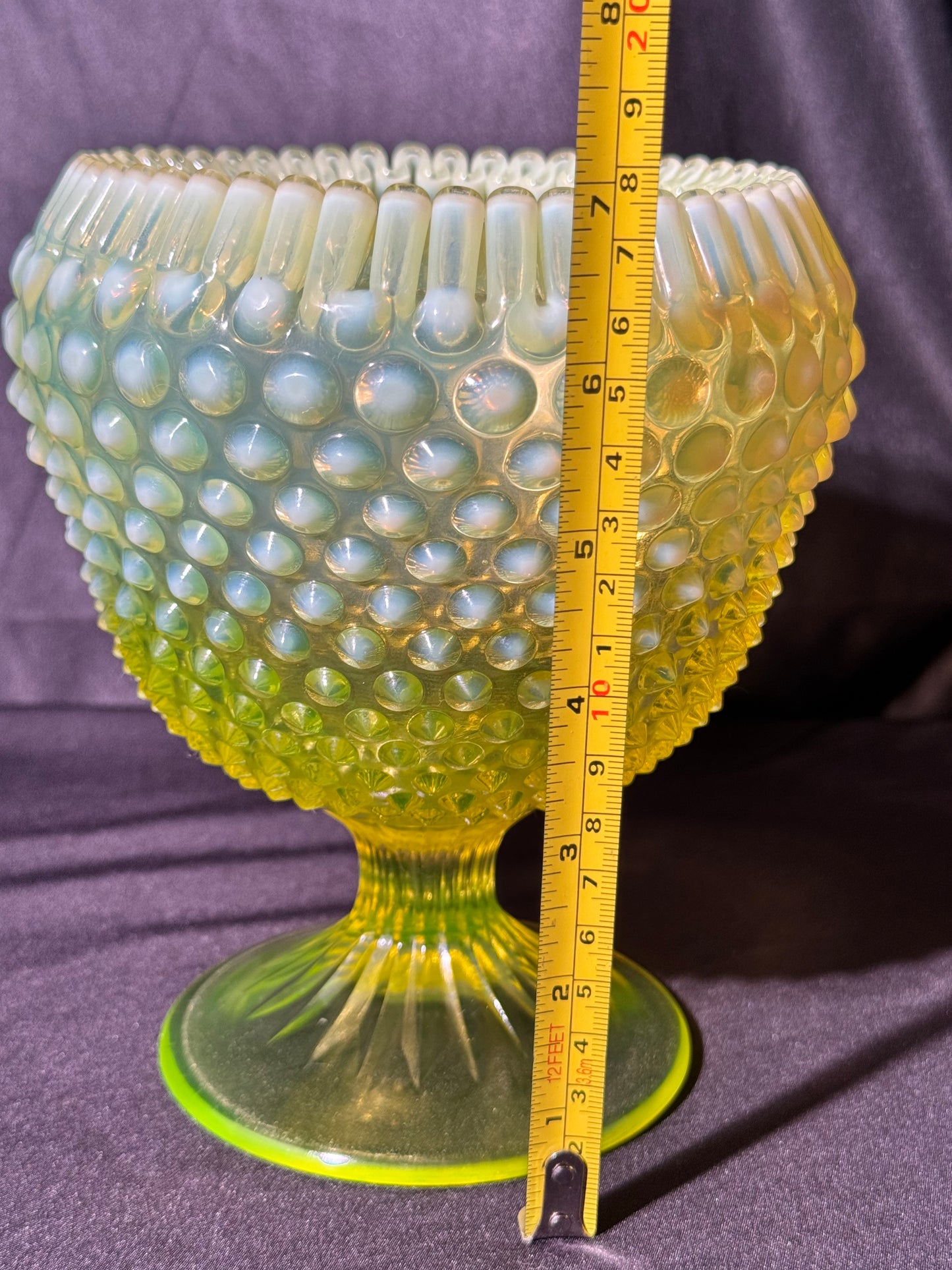 Uranium- Fenton- Hobnail-Crimped Footed Large Flower Vase- Topaz opalescent -