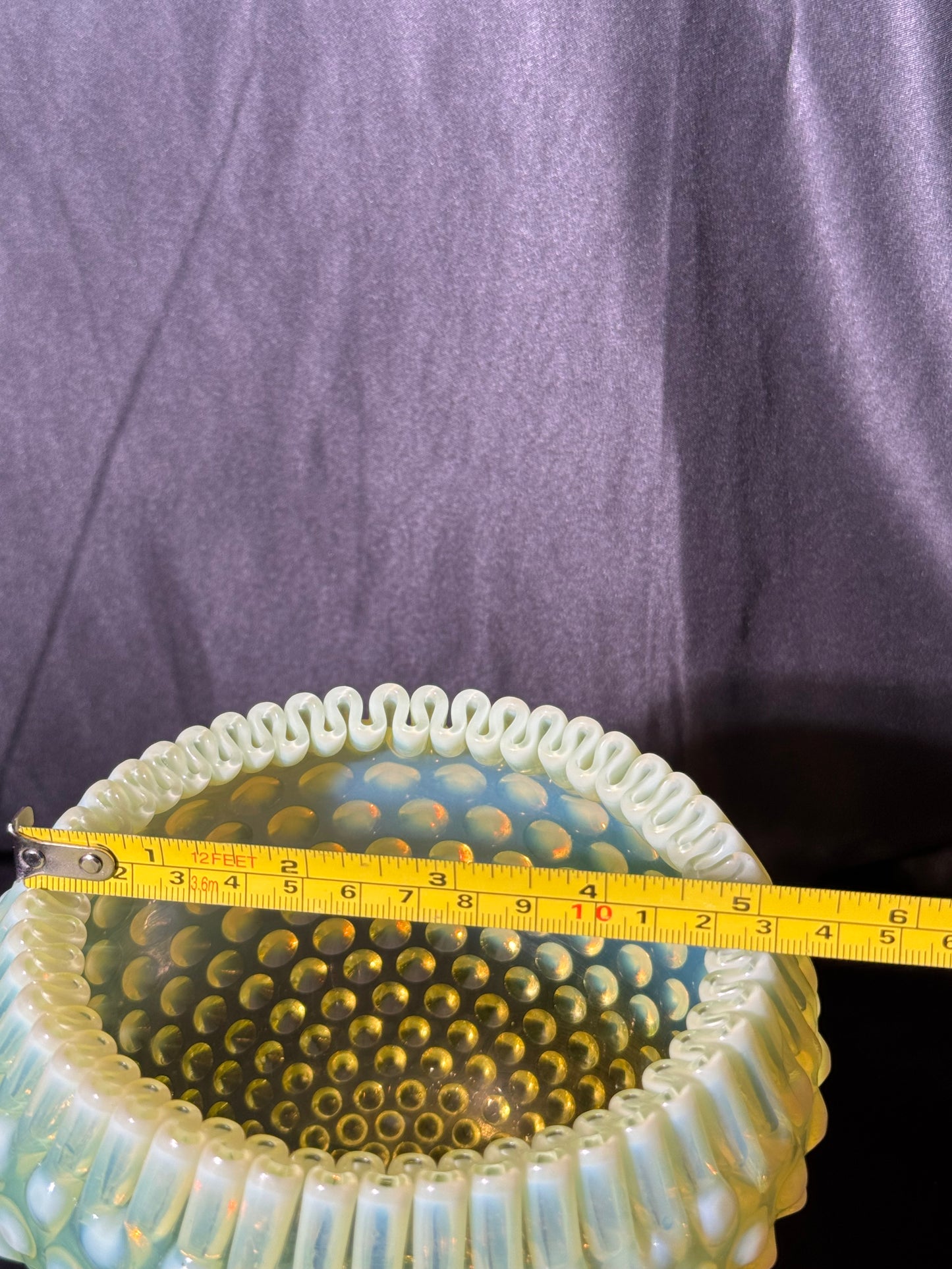 Uranium- Fenton- Hobnail-Crimped Footed Large Flower Vase- Topaz opalescent -