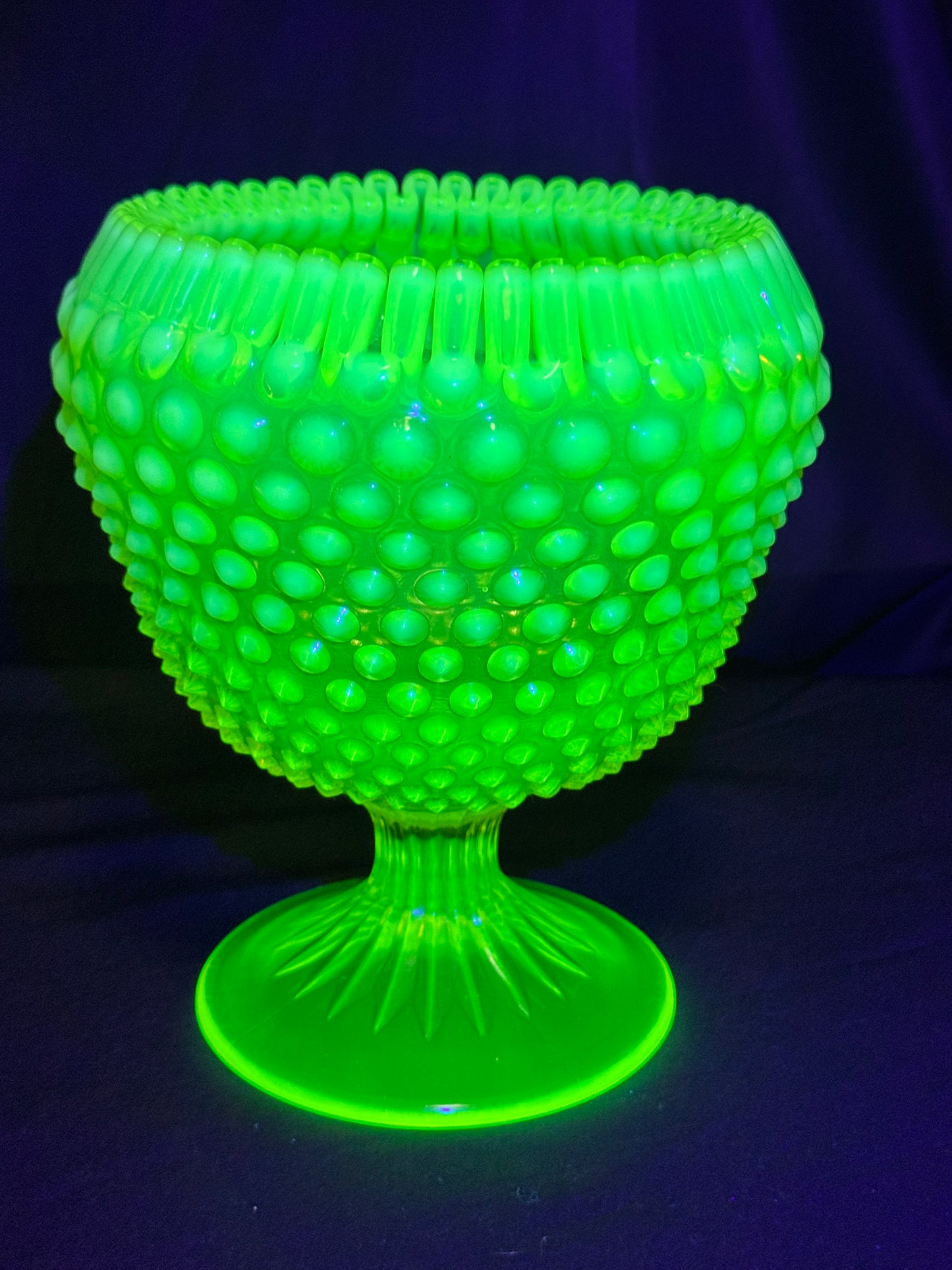 Uranium- Fenton- Hobnail-Crimped Footed Large Flower Vase- Topaz opalescent -