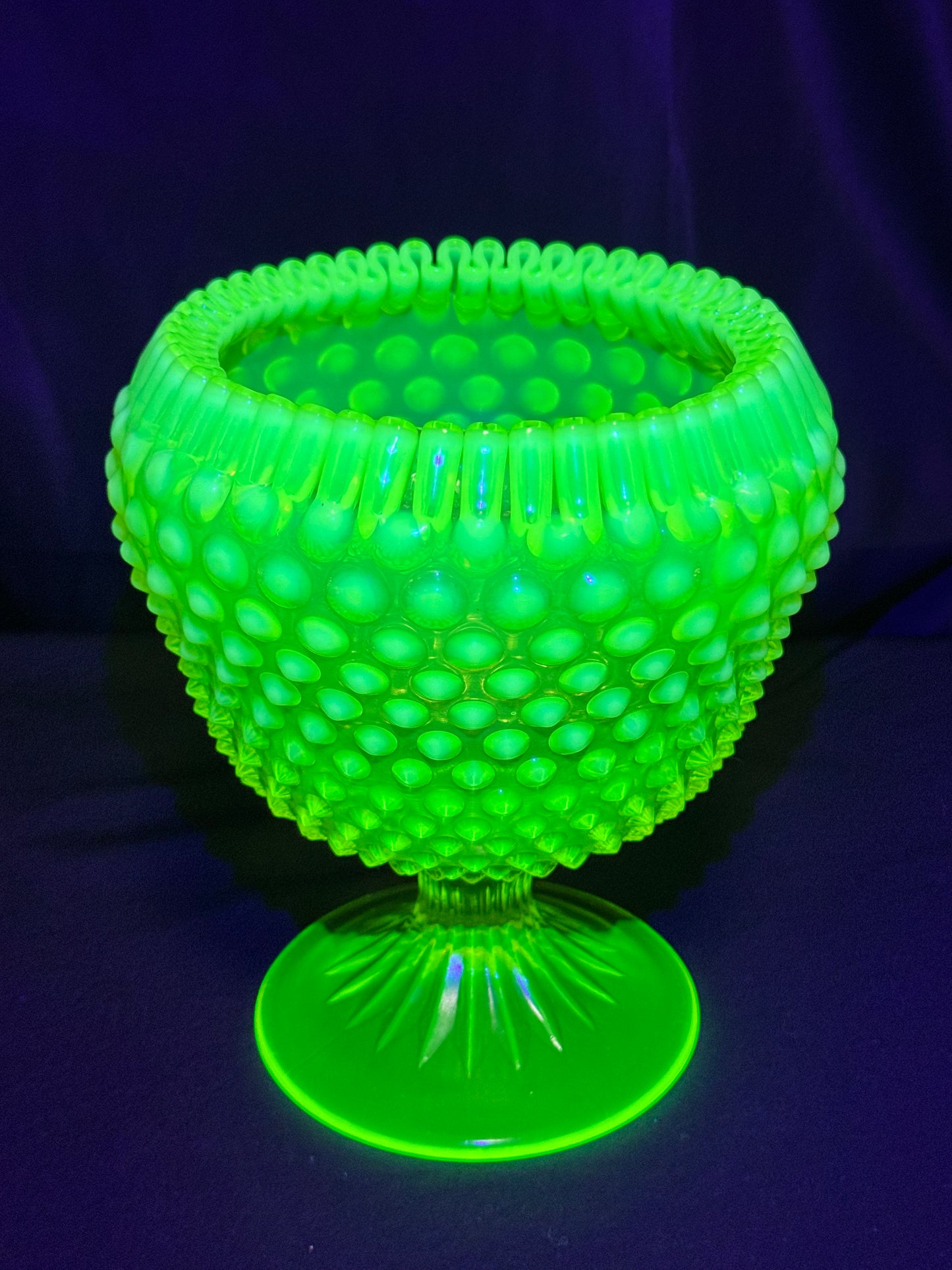 Uranium- Fenton- Hobnail-Crimped Footed Large Flower Vase- Topaz opalescent -