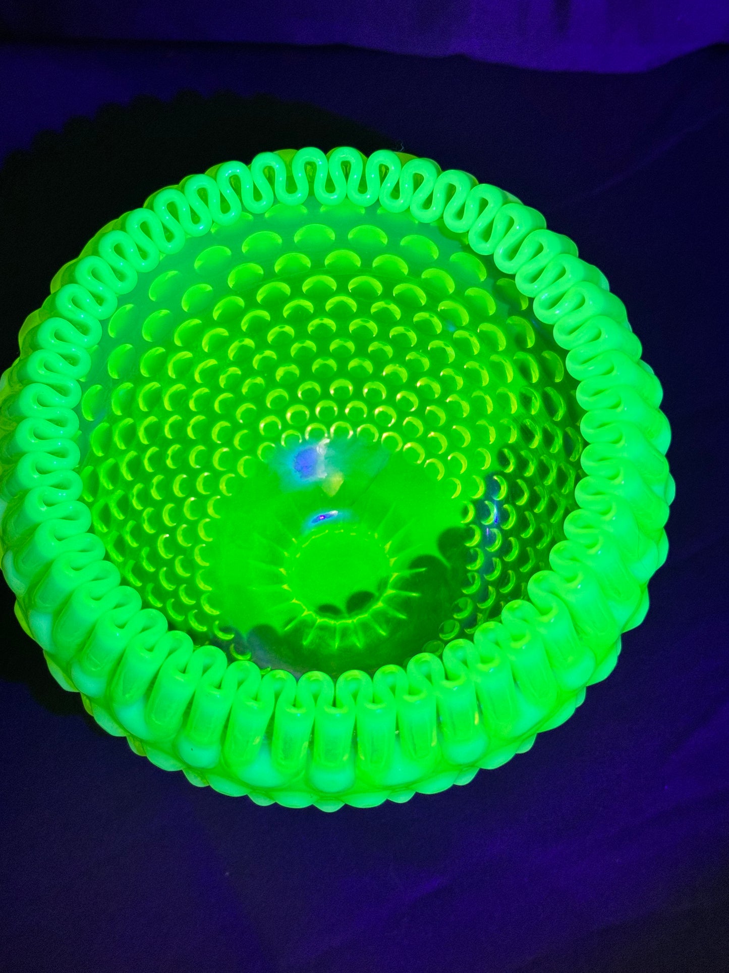 Uranium- Fenton- Hobnail-Crimped Footed Large Flower Vase- Topaz opalescent -