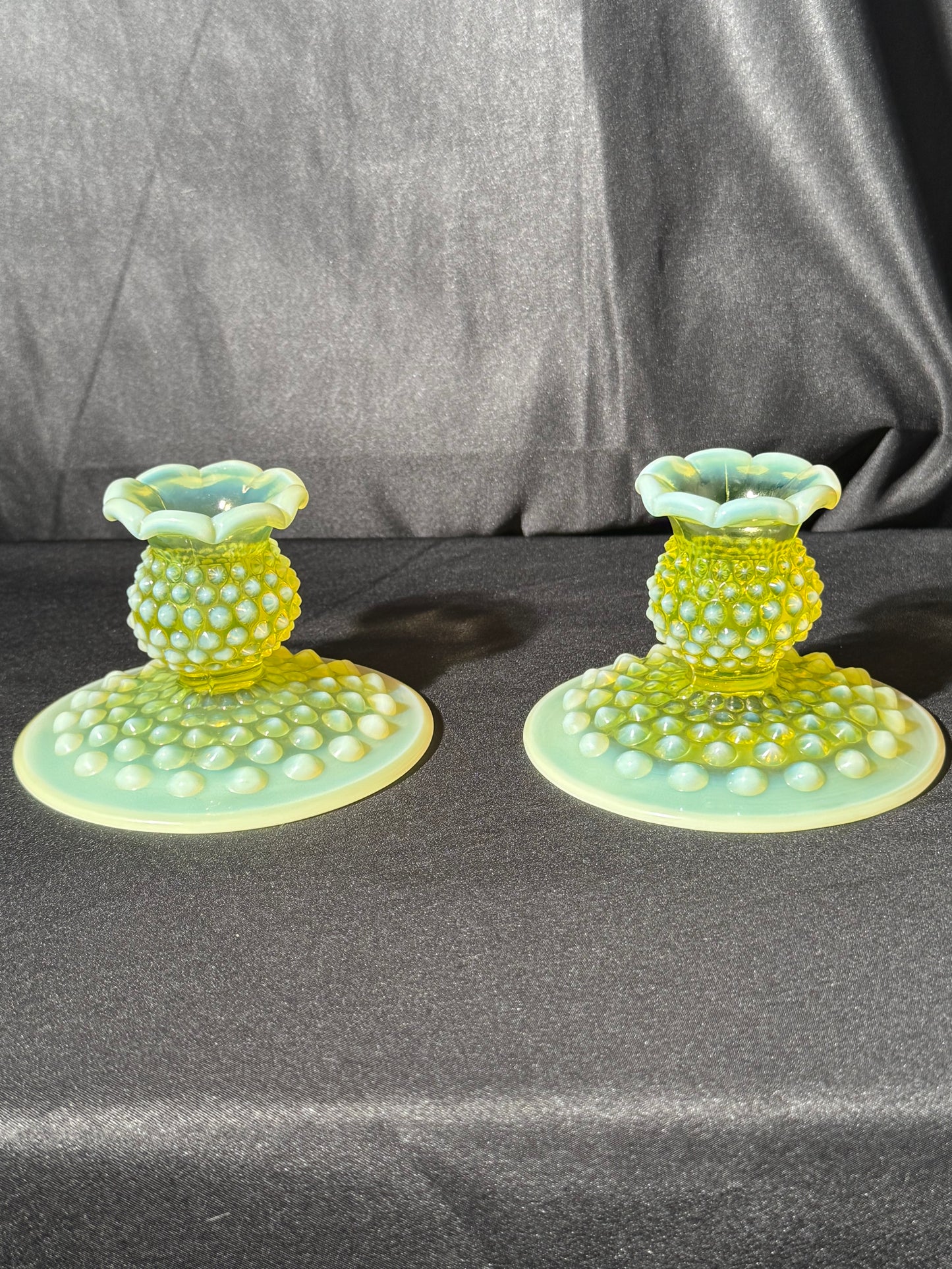 Uranium- Fenton- Hobnail -2 Candle sticks holders- Topaz opalescent