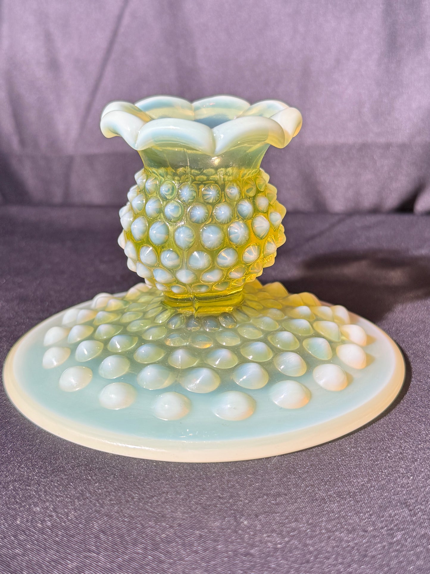 Uranium- Fenton- Hobnail -2 Candle sticks holders- Topaz opalescent