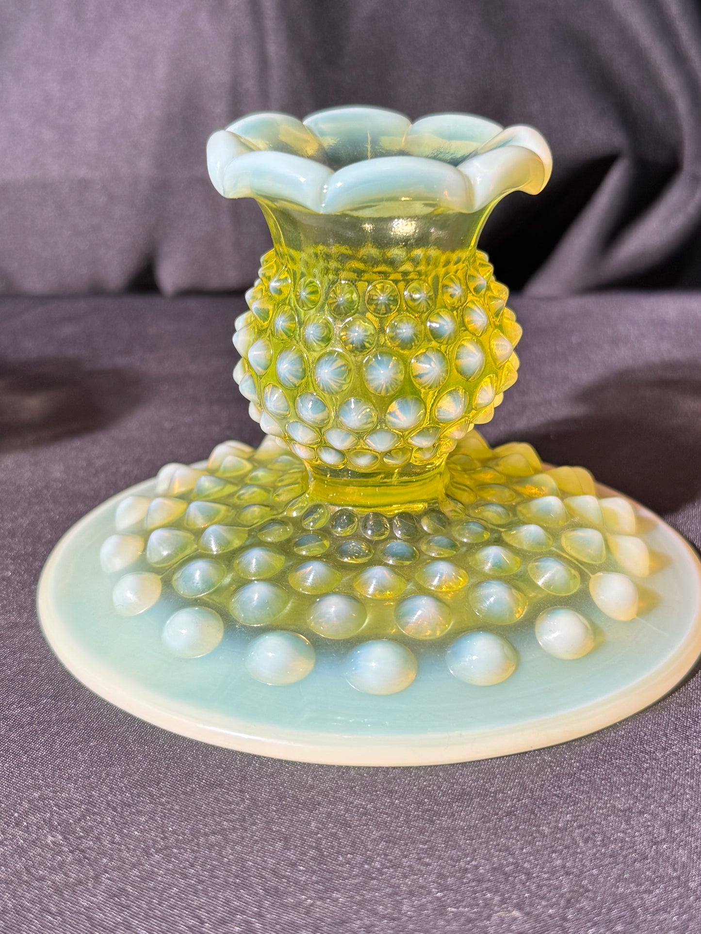 Uranium- Fenton- Hobnail -2 Candle sticks holders- Topaz opalescent