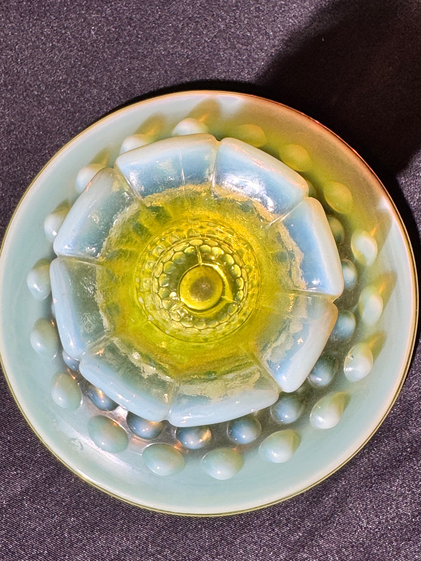 Uranium- Fenton- Hobnail -2 Candle sticks holders- Topaz opalescent