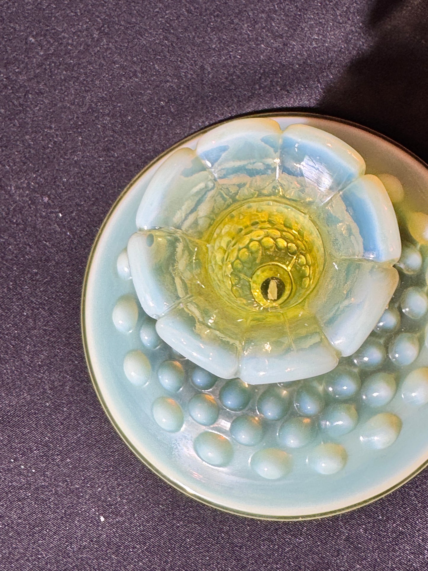 Uranium- Fenton- Hobnail -2 Candle sticks holders- Topaz opalescent