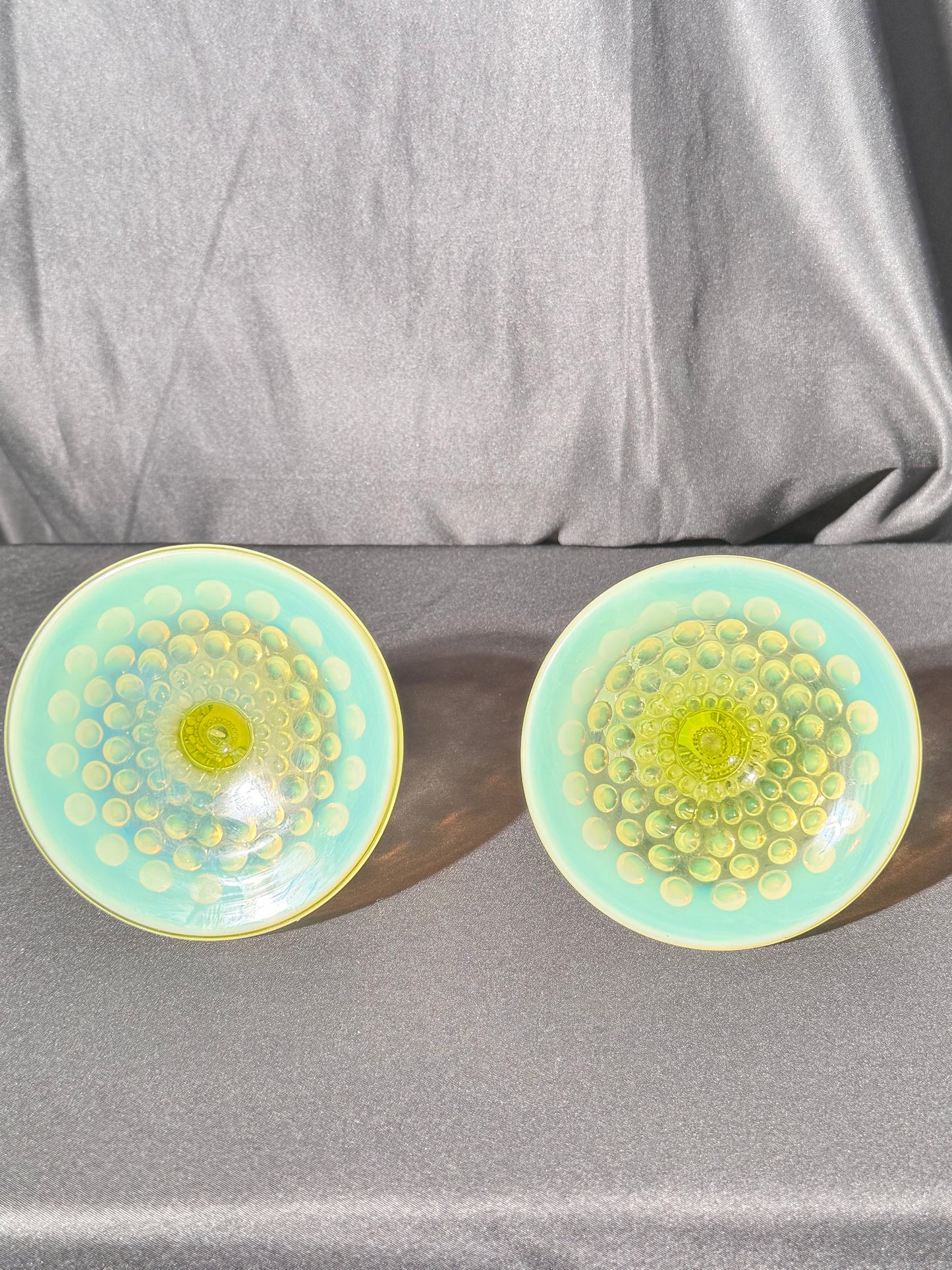 Uranium- Fenton- Hobnail -2 Candle sticks holders- Topaz opalescent