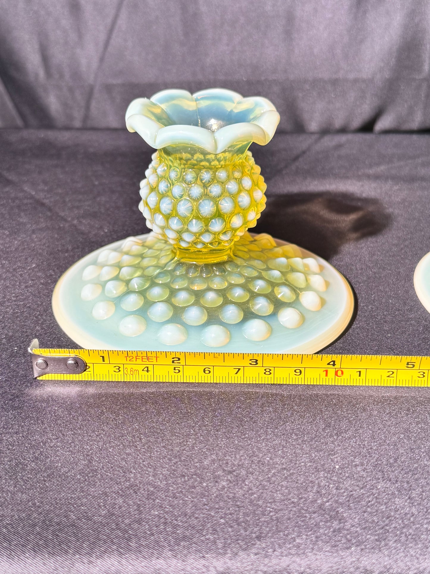Uranium- Fenton- Hobnail -2 Candle sticks holders- Topaz opalescent
