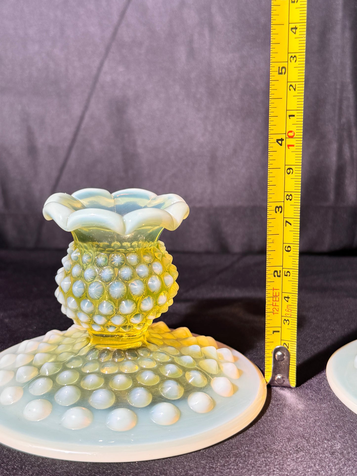 Uranium- Fenton- Hobnail -2 Candle sticks holders- Topaz opalescent