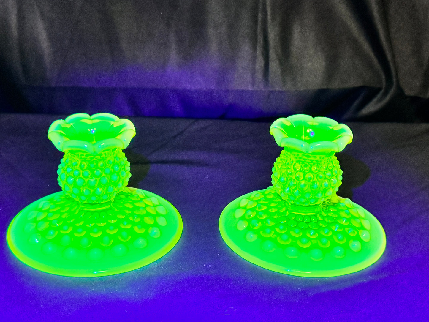 Uranium- Fenton- Hobnail -2 Candle sticks holders- Topaz opalescent
