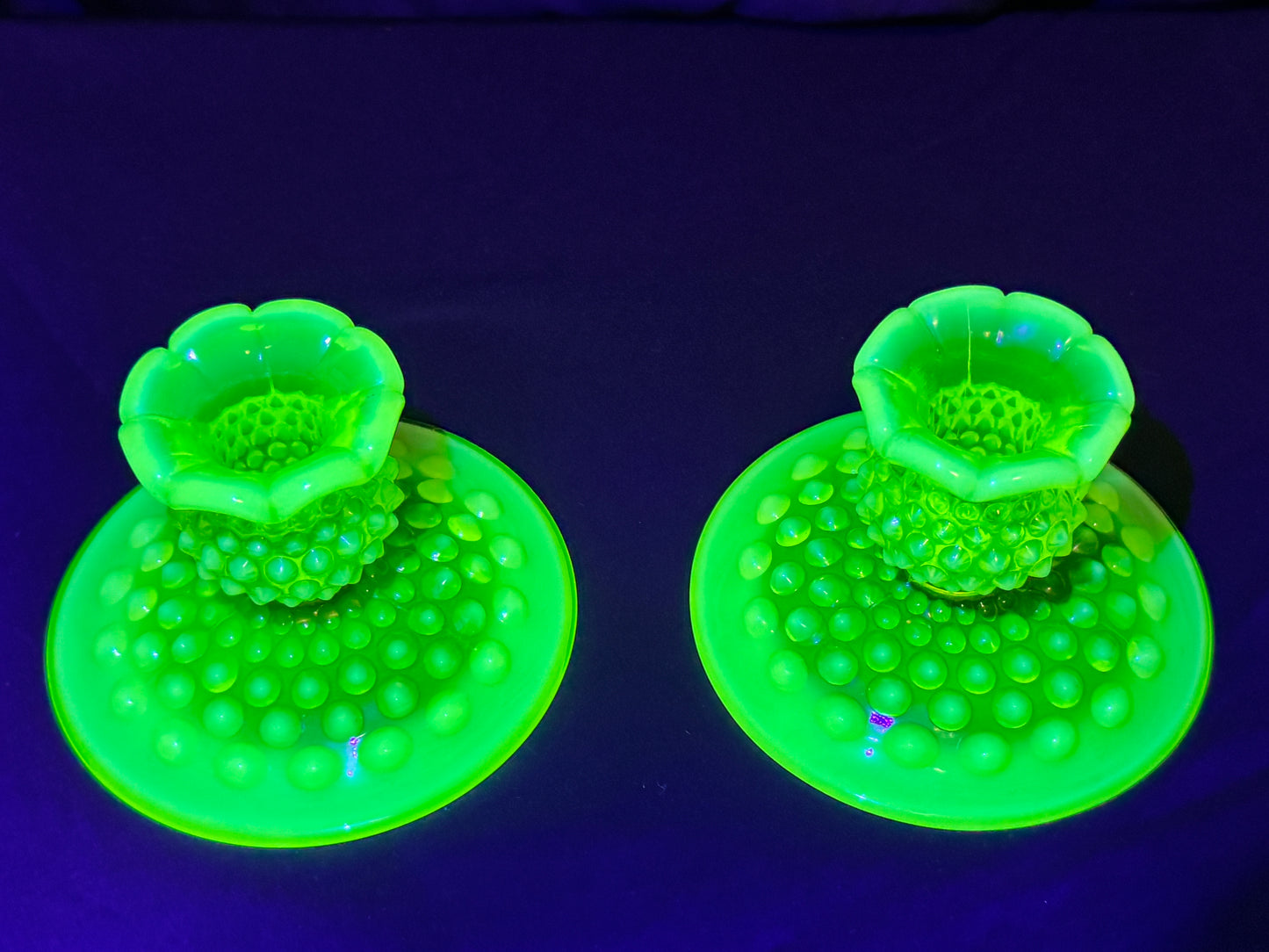 Uranium- Fenton- Hobnail -2 Candle sticks holders- Topaz opalescent