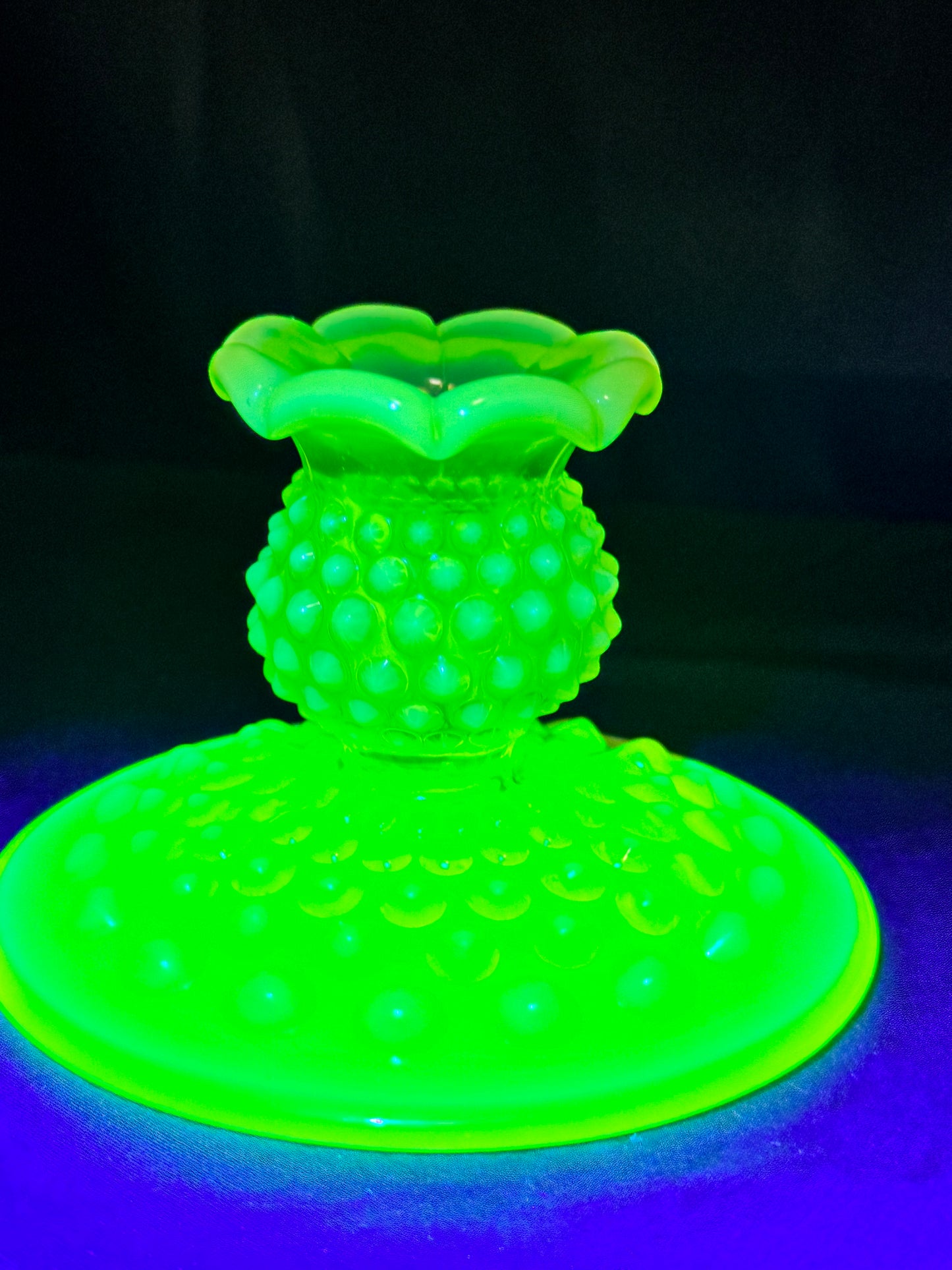 Uranium- Fenton- Hobnail -2 Candle sticks holders- Topaz opalescent