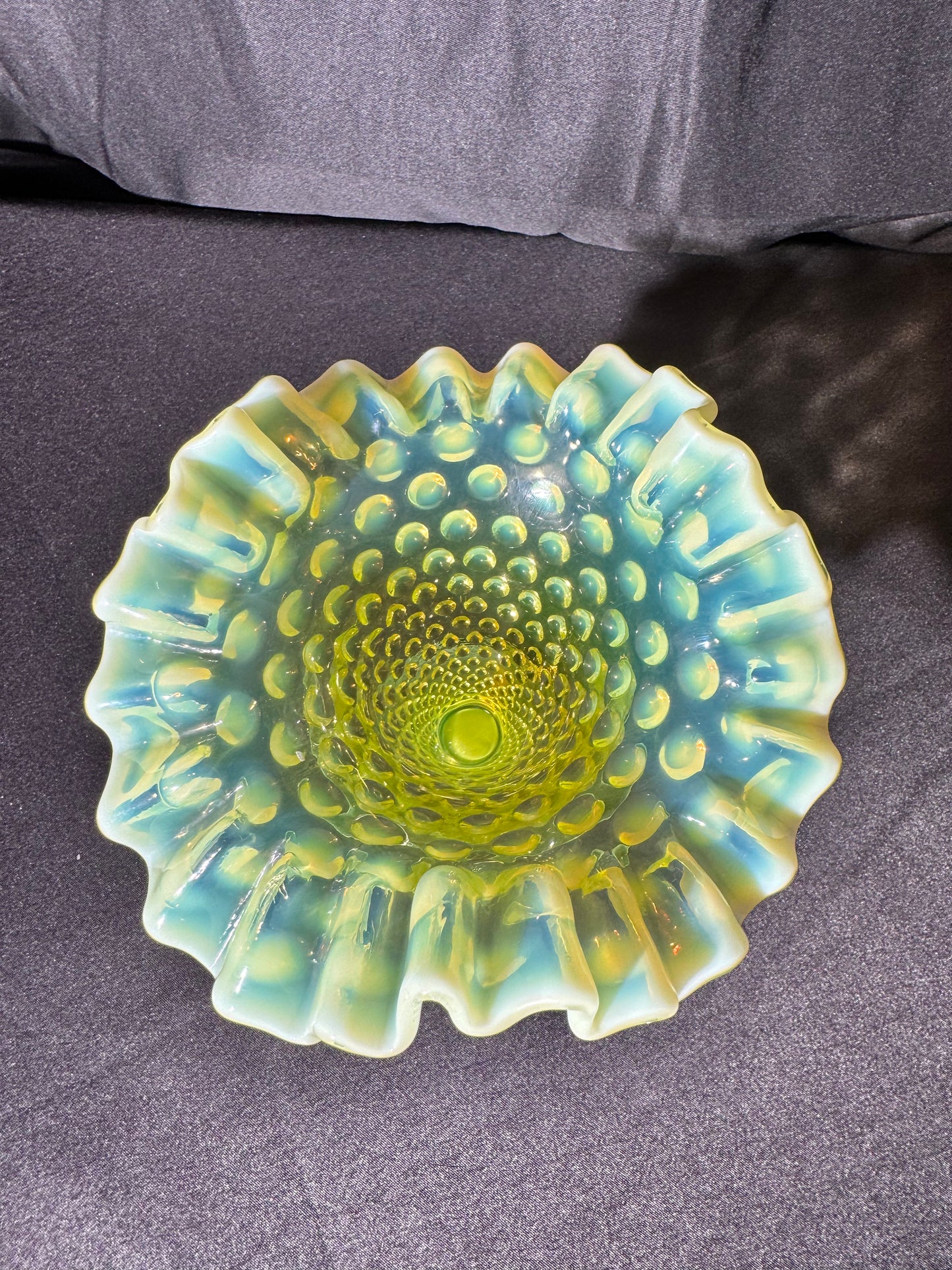 Uranium-Fenton- hobnail- 5.5” tall Flower Vase- Topaz opalescent