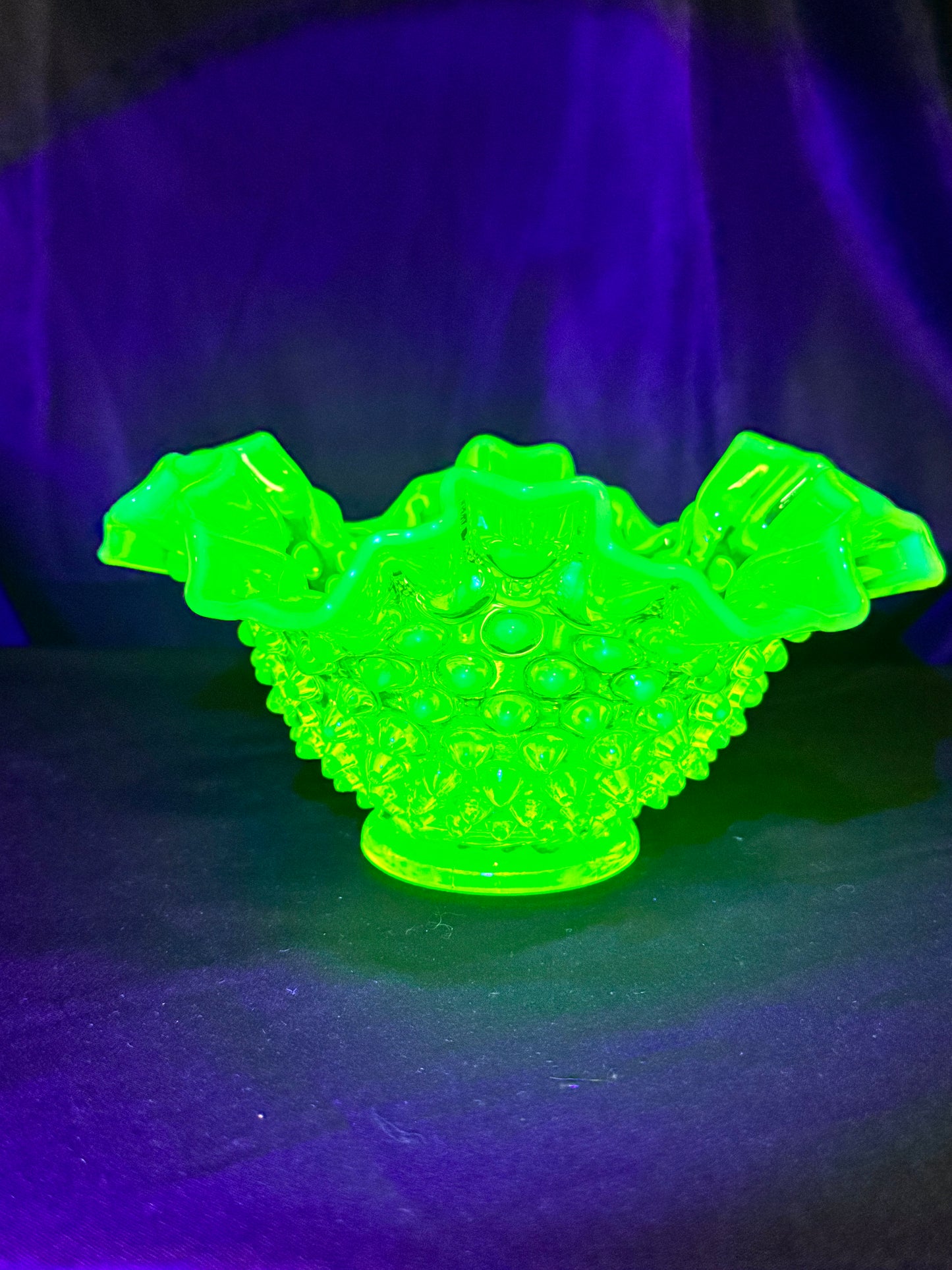 Uranium-Fenton- hobnail- Ruffled Bowl - Topaz opalescent