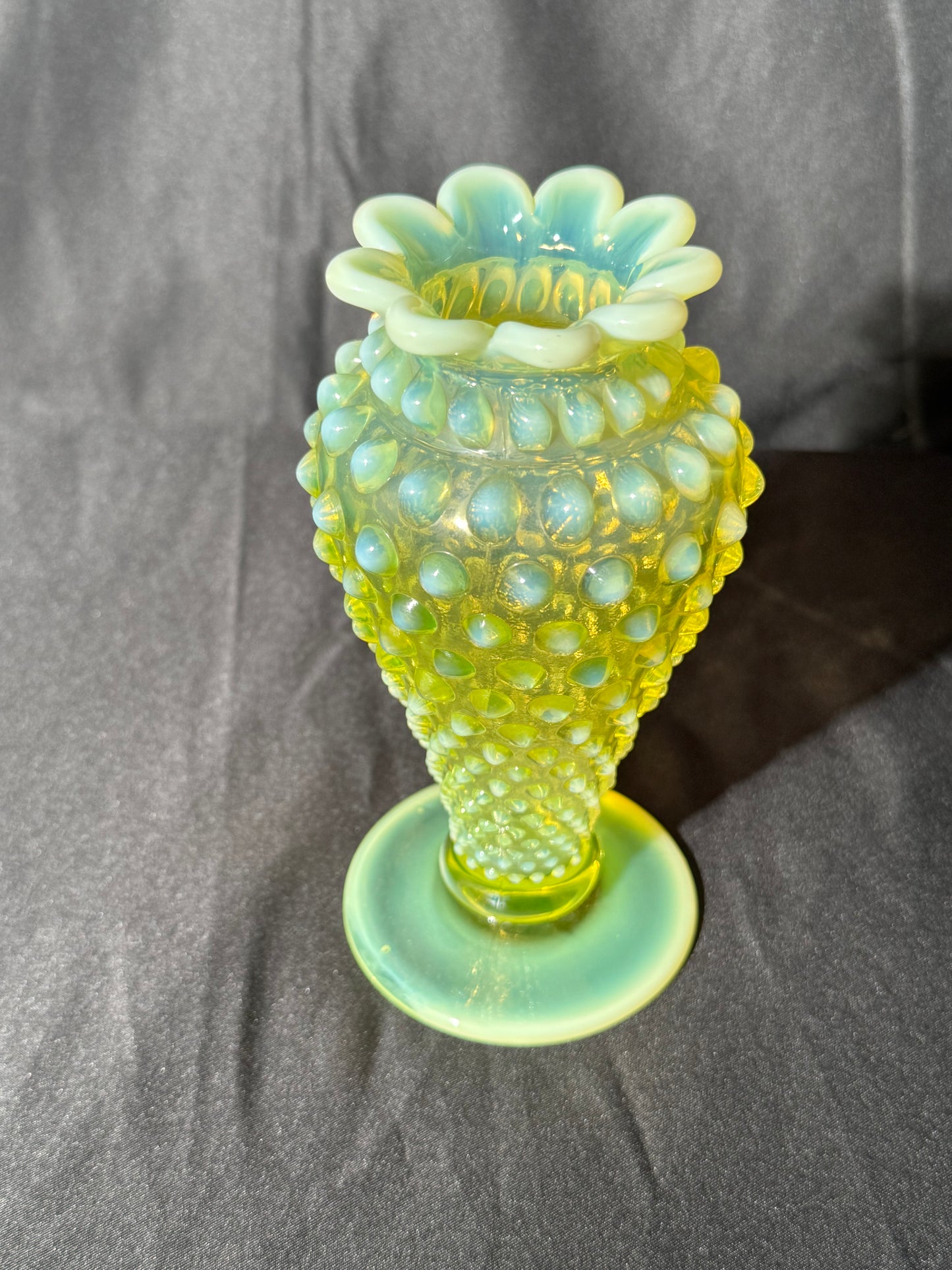 Uranium- Fenton- hobnail- 6” Flower Vase - topaz opalescent