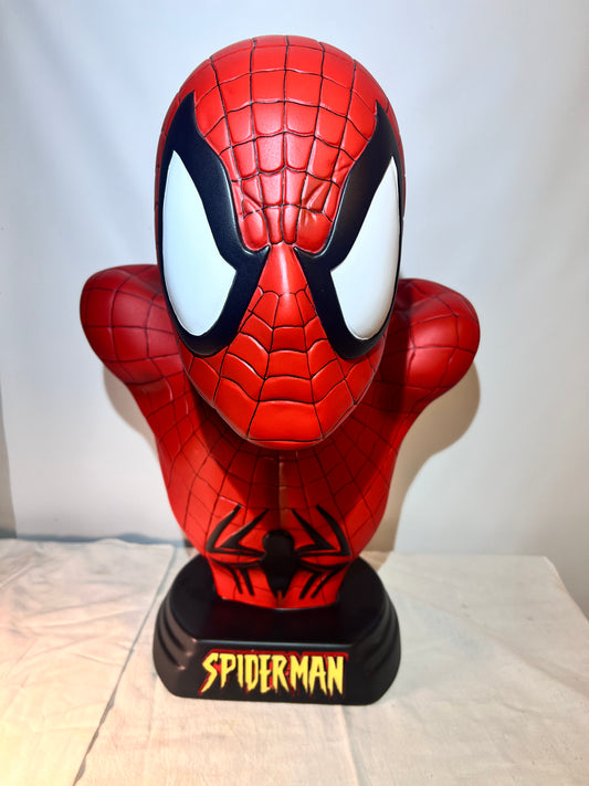 Spider Man- 21.5” bust- Red Suit, black spider, Blue back- Black base with Spider Man logo- Hollow Plastic Resin