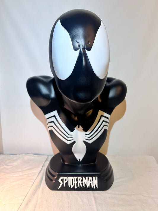 Spider Man- 21.5” bust - Black Suit, light gray spider and eyes- black base with white logo plaque- Hollow plastic resin