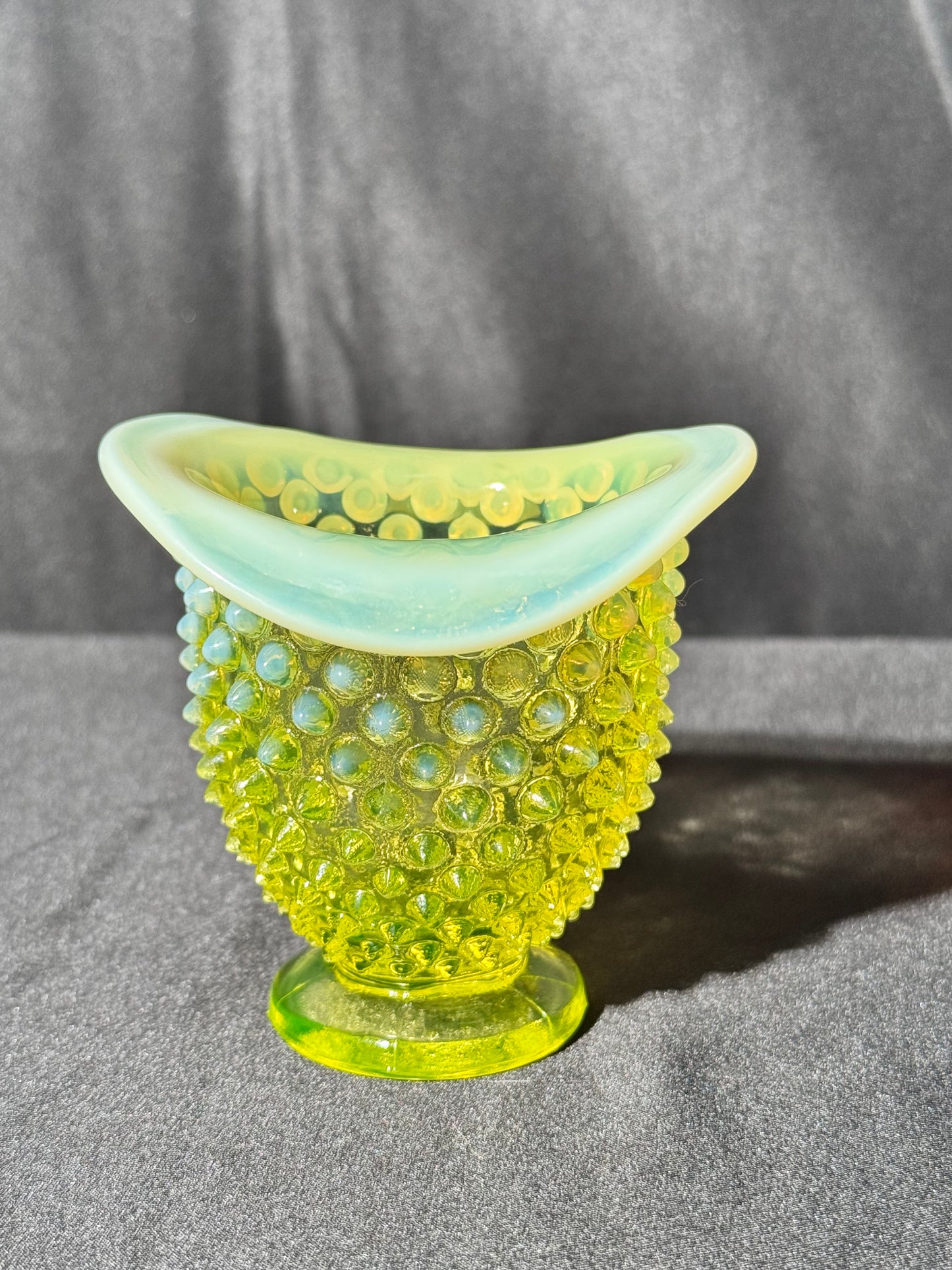 Uranium- Fenton- Hobnail- mini bud vase- Topaz Opalescent
