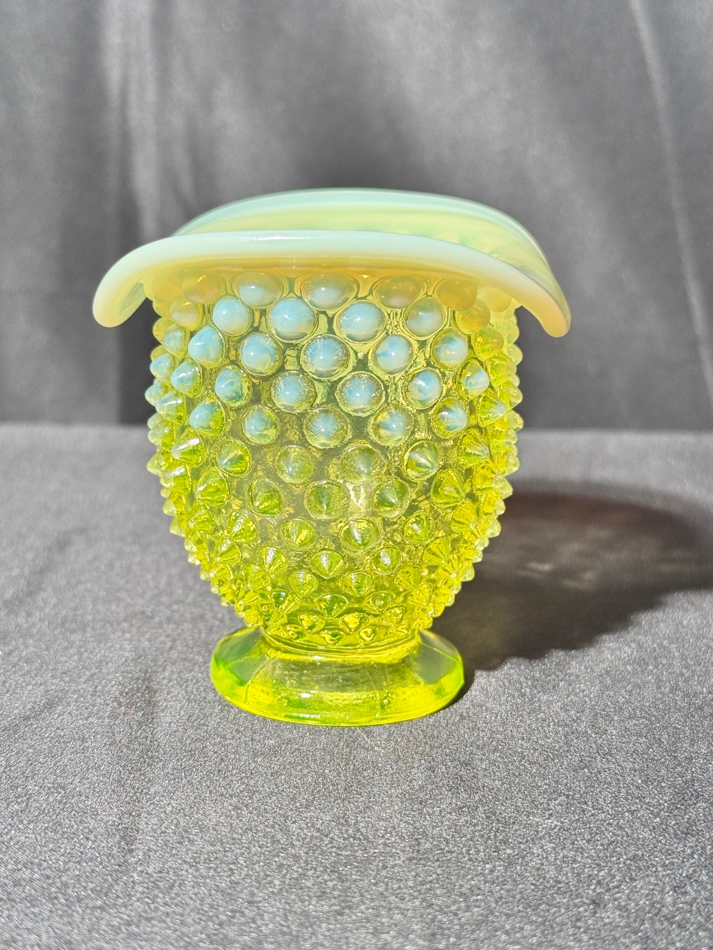 Uranium- Fenton- Hobnail- mini bud vase- Topaz Opalescent
