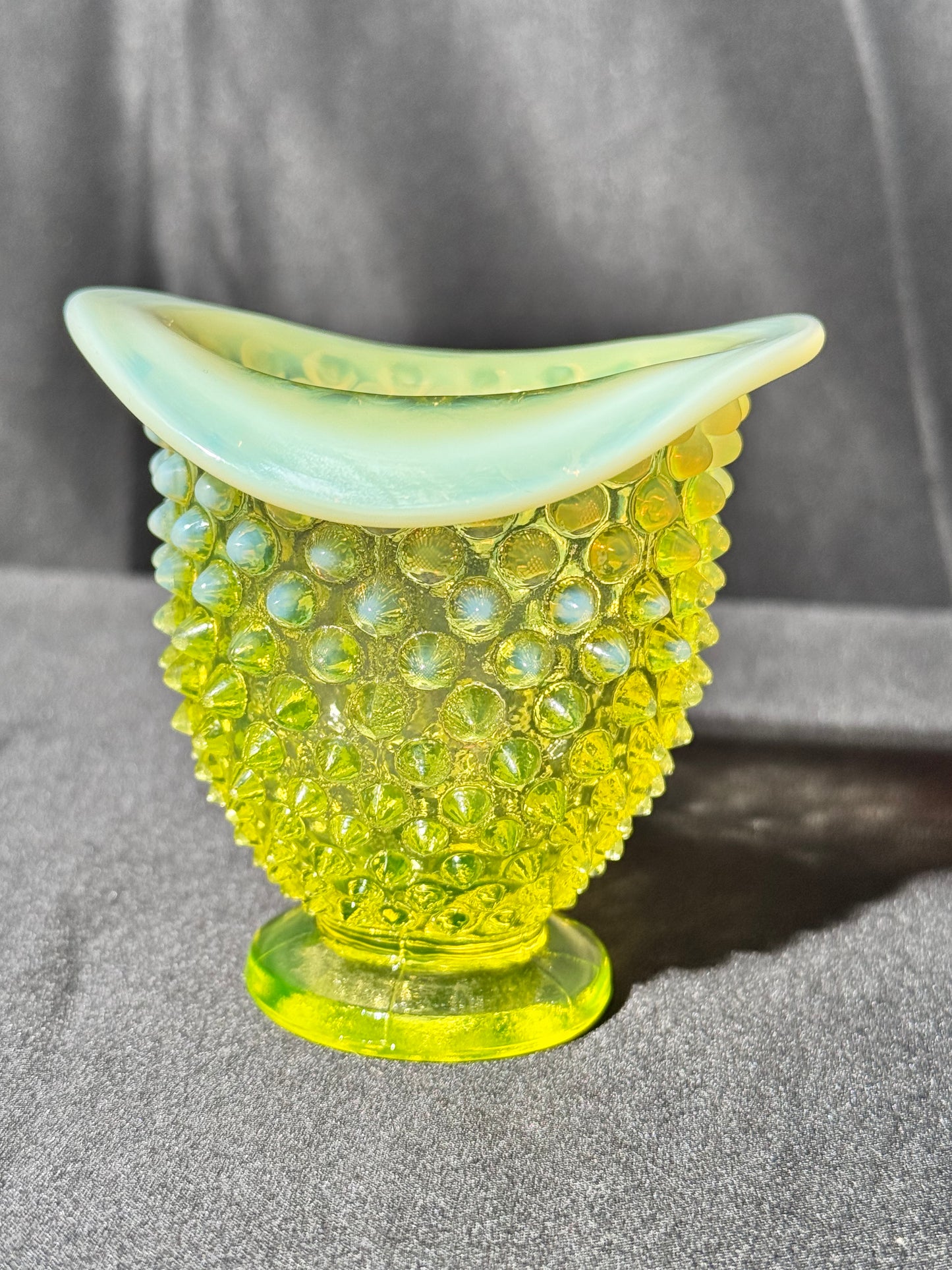 Uranium- Fenton- Hobnail- mini bud vase- Topaz Opalescent