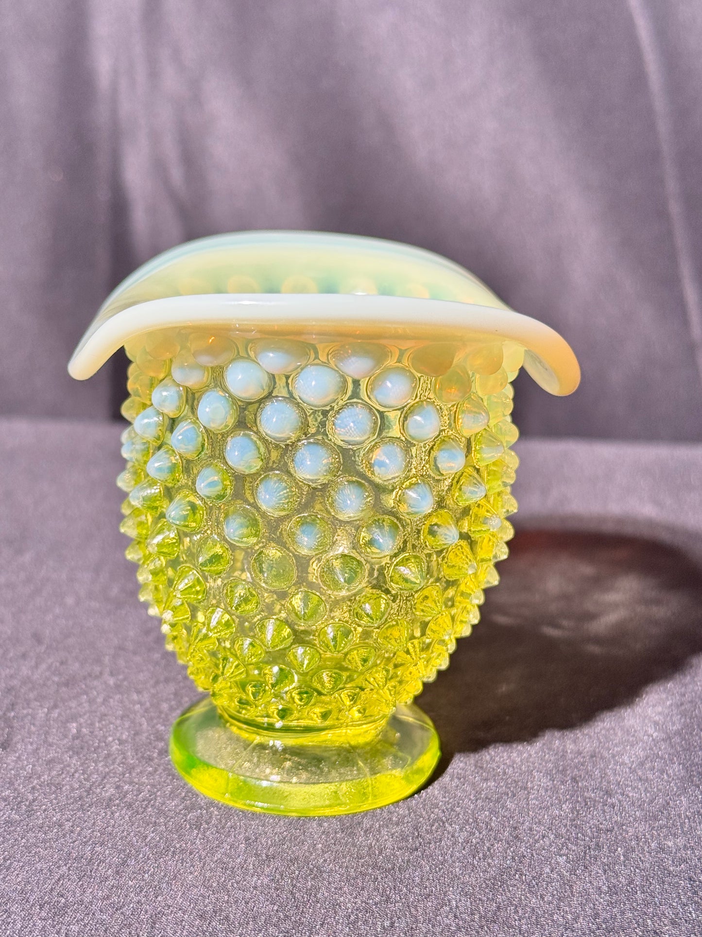 Uranium- Fenton- Hobnail- mini bud vase- Topaz Opalescent