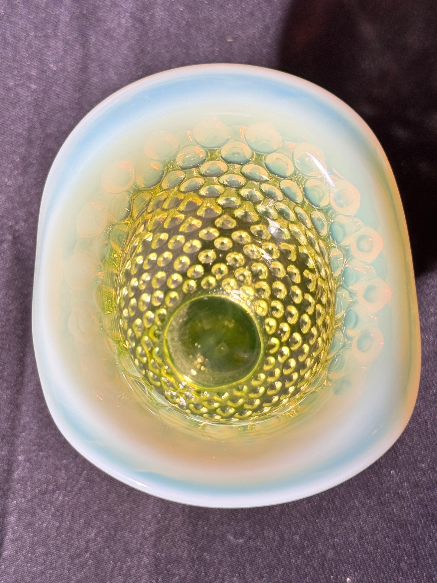 Uranium- Fenton- Hobnail- mini bud vase- Topaz Opalescent