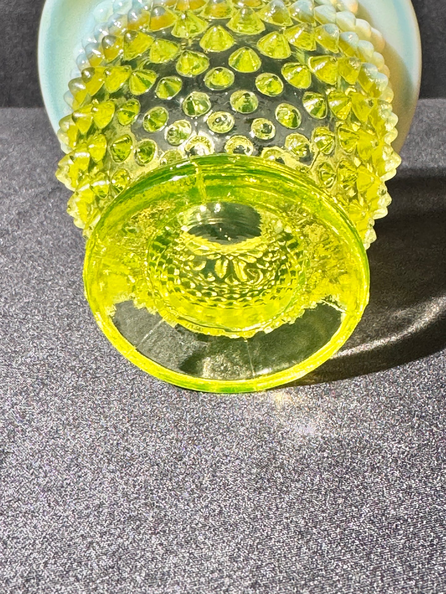 Uranium- Fenton- Hobnail- mini bud vase- Topaz Opalescent