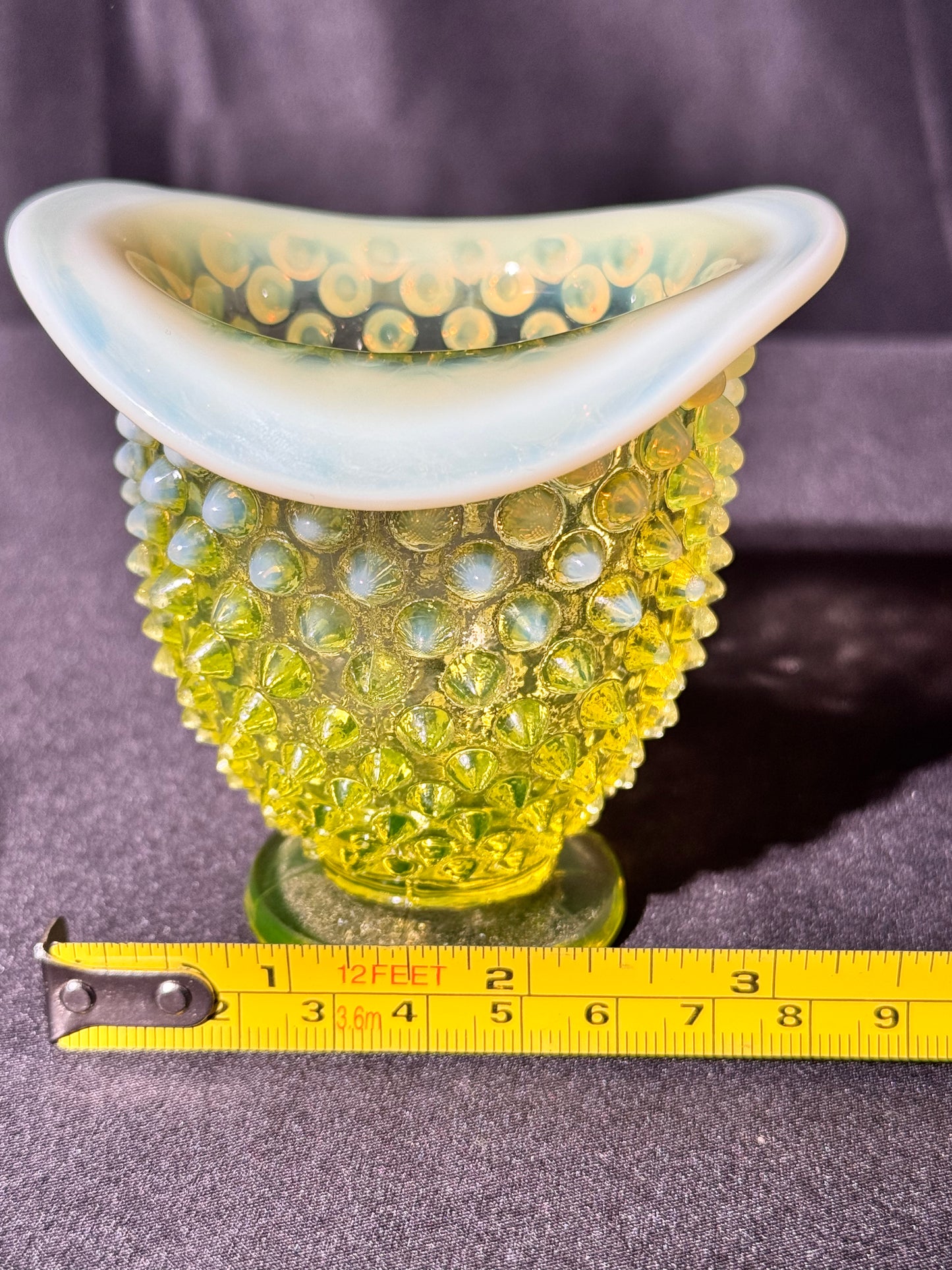 Uranium- Fenton- Hobnail- mini bud vase- Topaz Opalescent