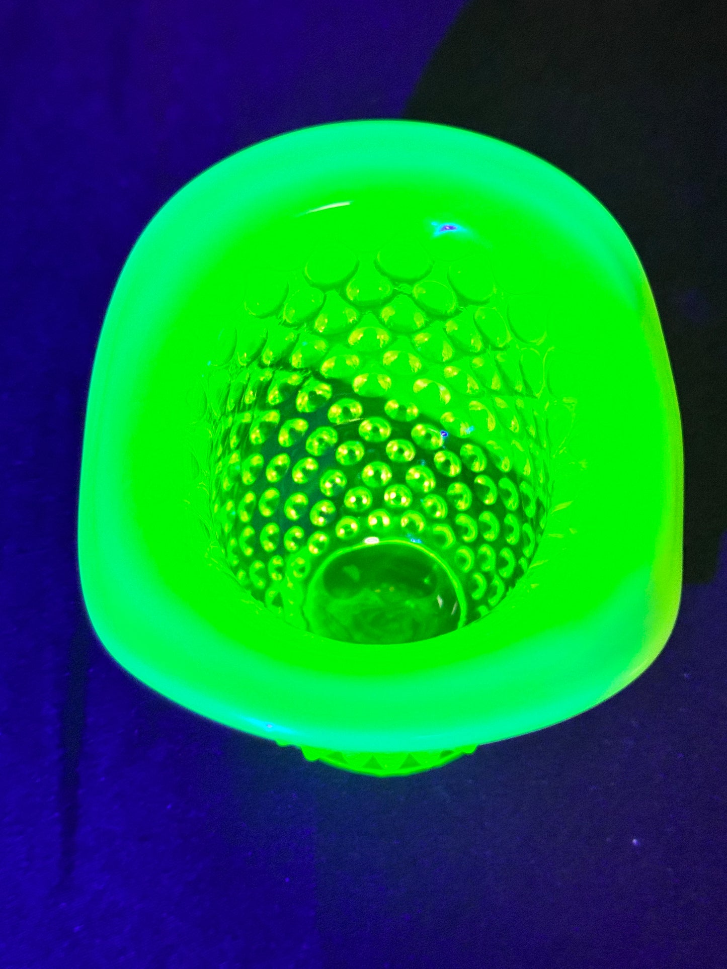 Uranium- Fenton- Hobnail- mini bud vase- Topaz Opalescent
