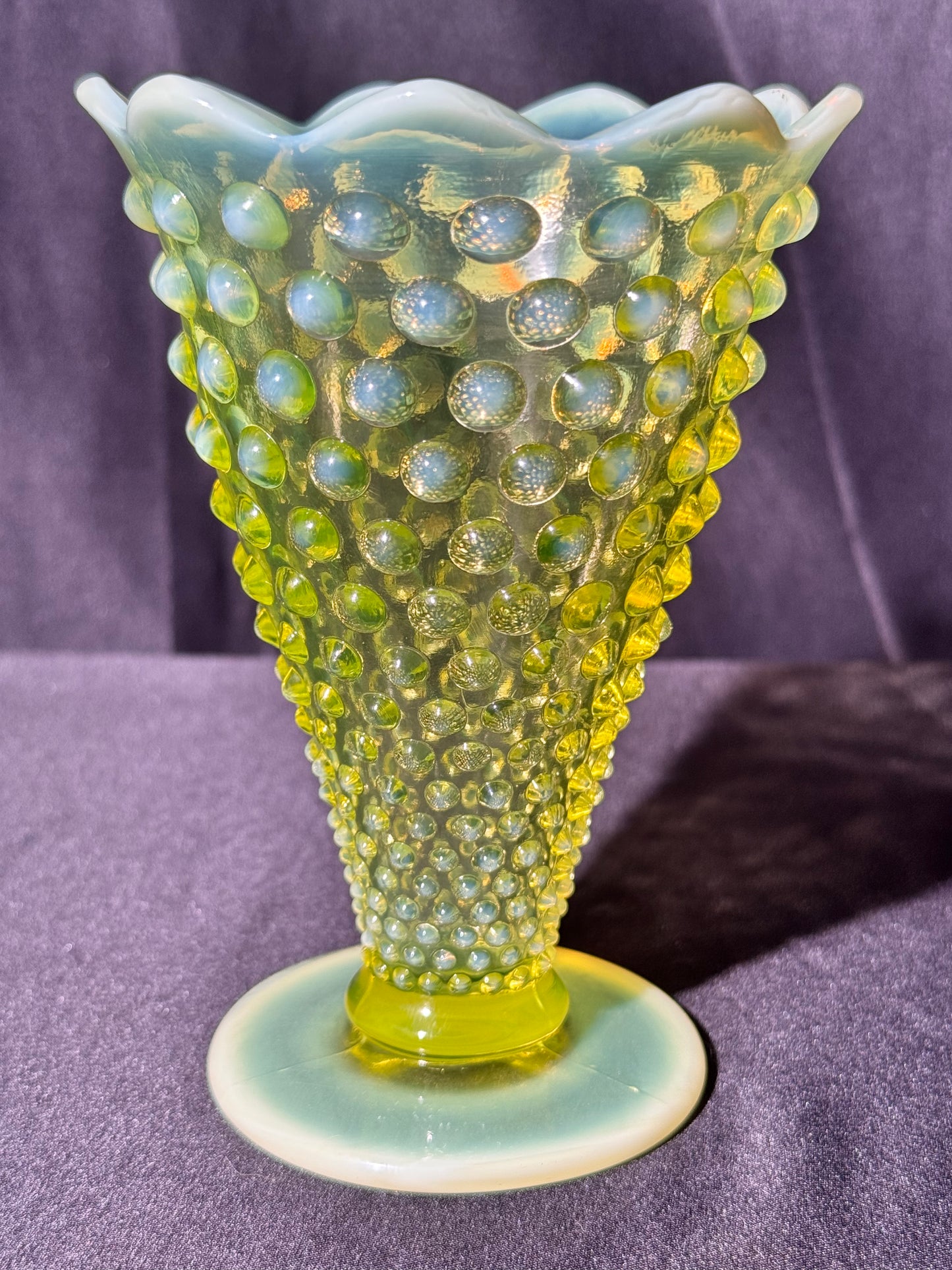 Uranium- Fenton- Hobnail- Flower Vase - Topaz Opalescent