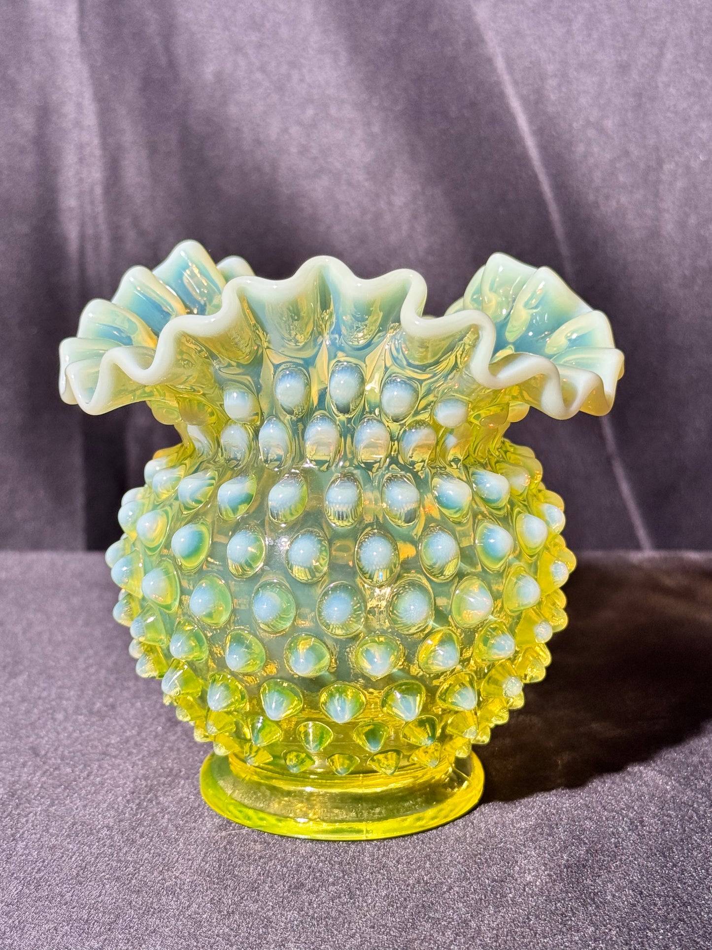 Uranium- Fenton- Hobnail- Ruffled Rose Vase- topaz opalescent