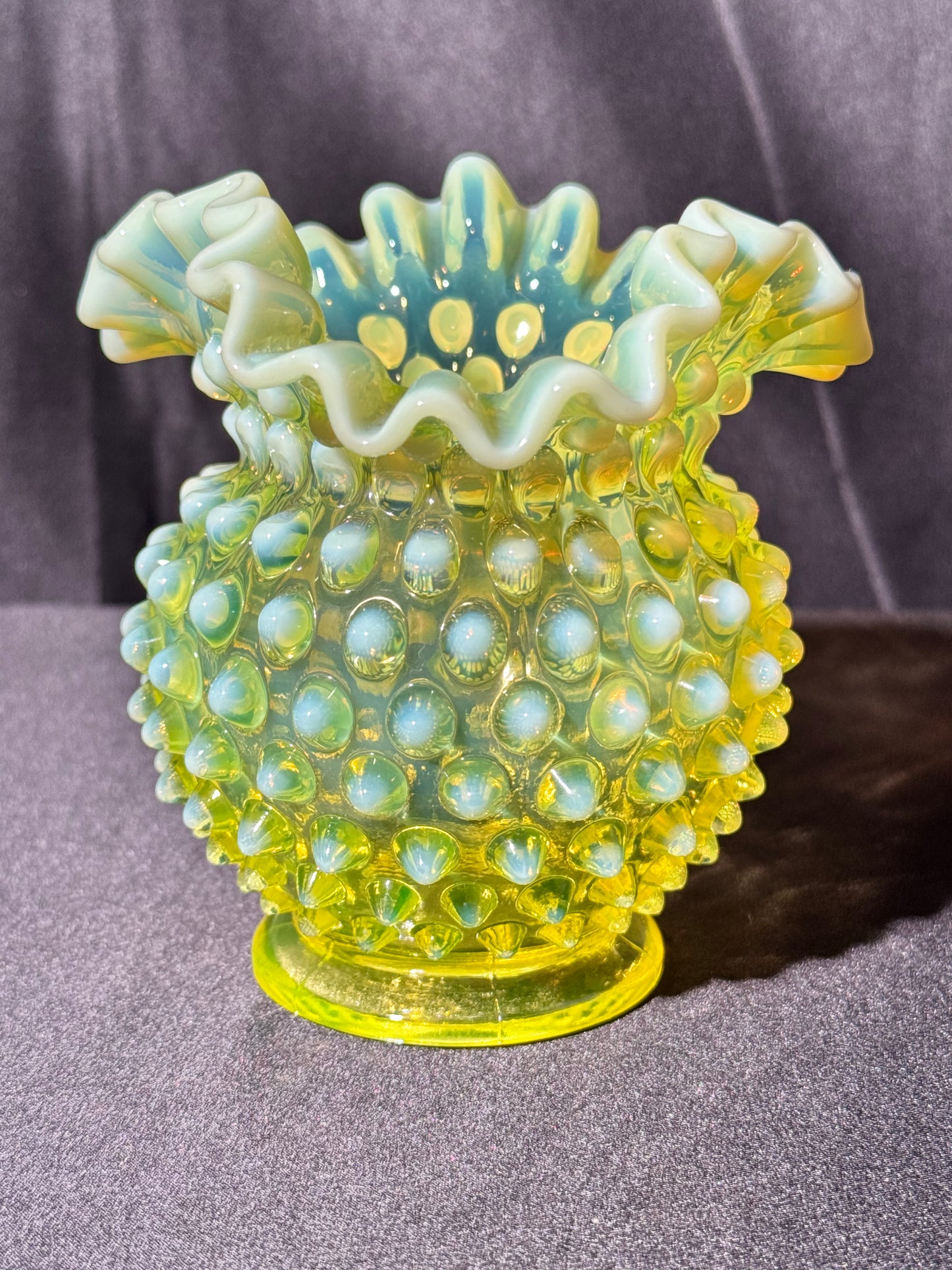 Uranium- Fenton- Hobnail- Ruffled Rose Vase- topaz opalescent