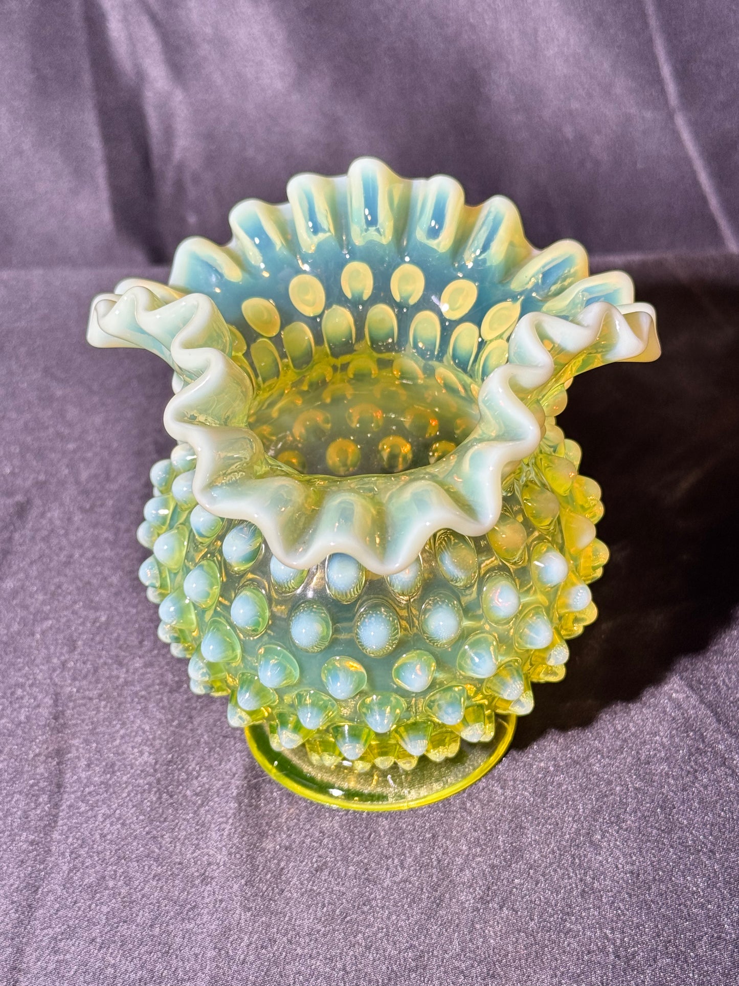 Uranium- Fenton- Hobnail- Ruffled Rose Vase- topaz opalescent
