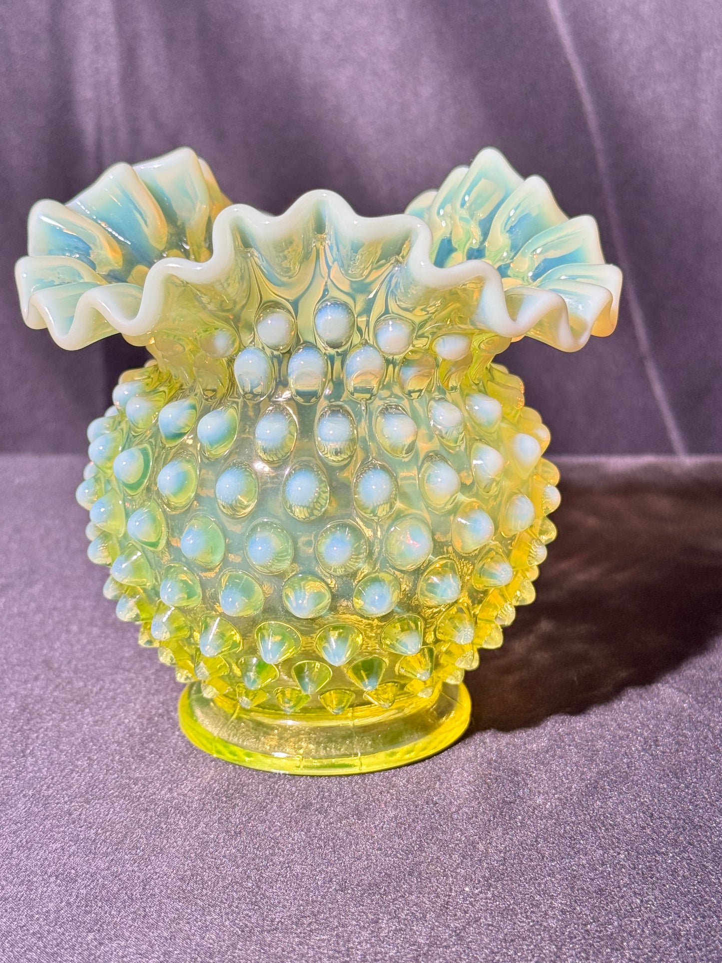 Uranium- Fenton- Hobnail- Ruffled Rose Vase- topaz opalescent