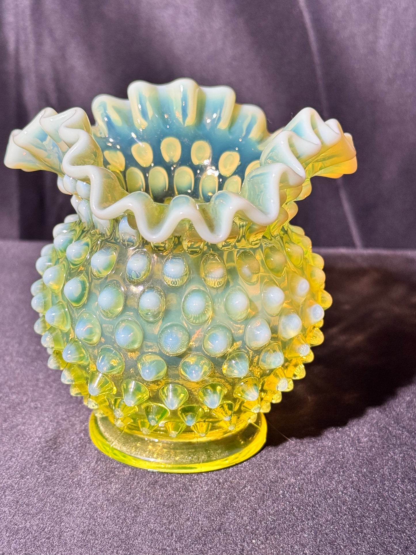 Uranium- Fenton- Hobnail- Ruffled Rose Vase- topaz opalescent