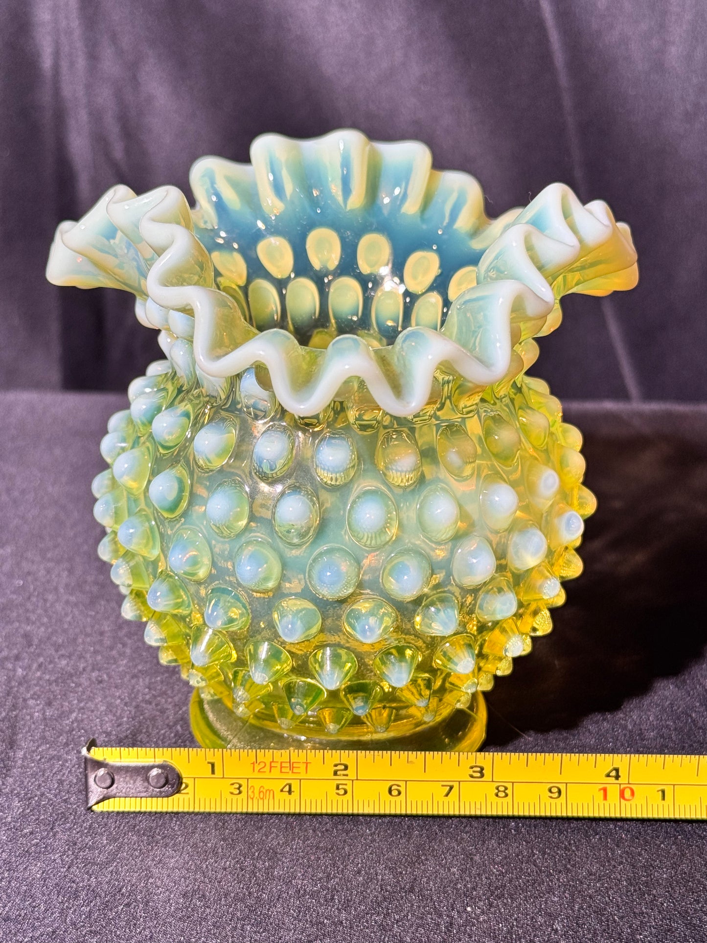 Uranium- Fenton- Hobnail- Ruffled Rose Vase- topaz opalescent