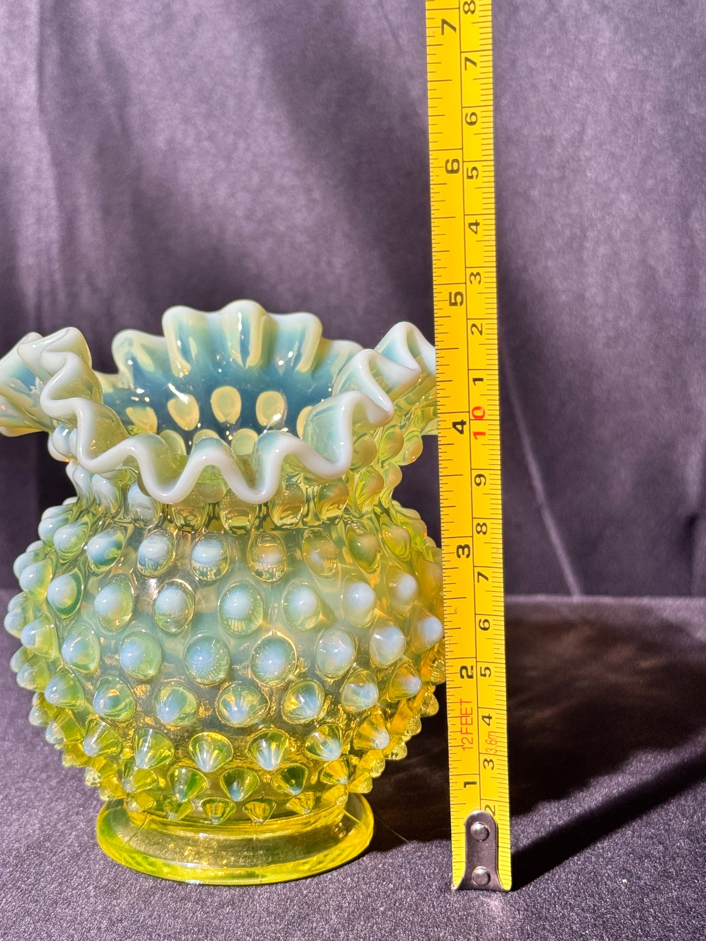 Uranium- Fenton- Hobnail- Ruffled Rose Vase- topaz opalescent