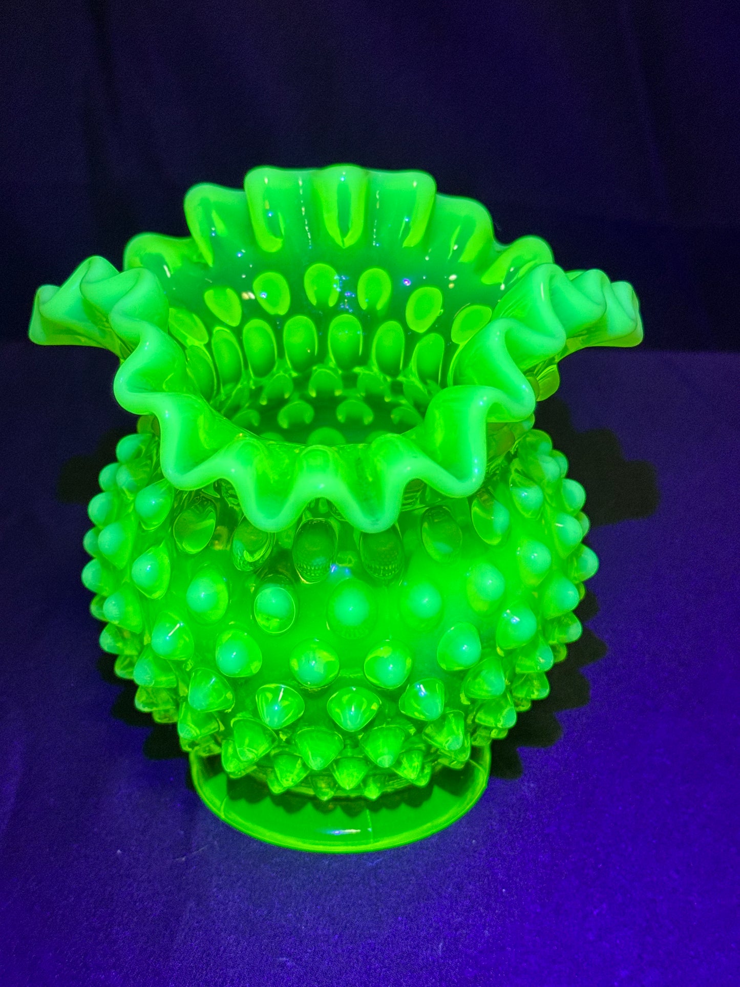 Uranium- Fenton- Hobnail- Ruffled Rose Vase- topaz opalescent