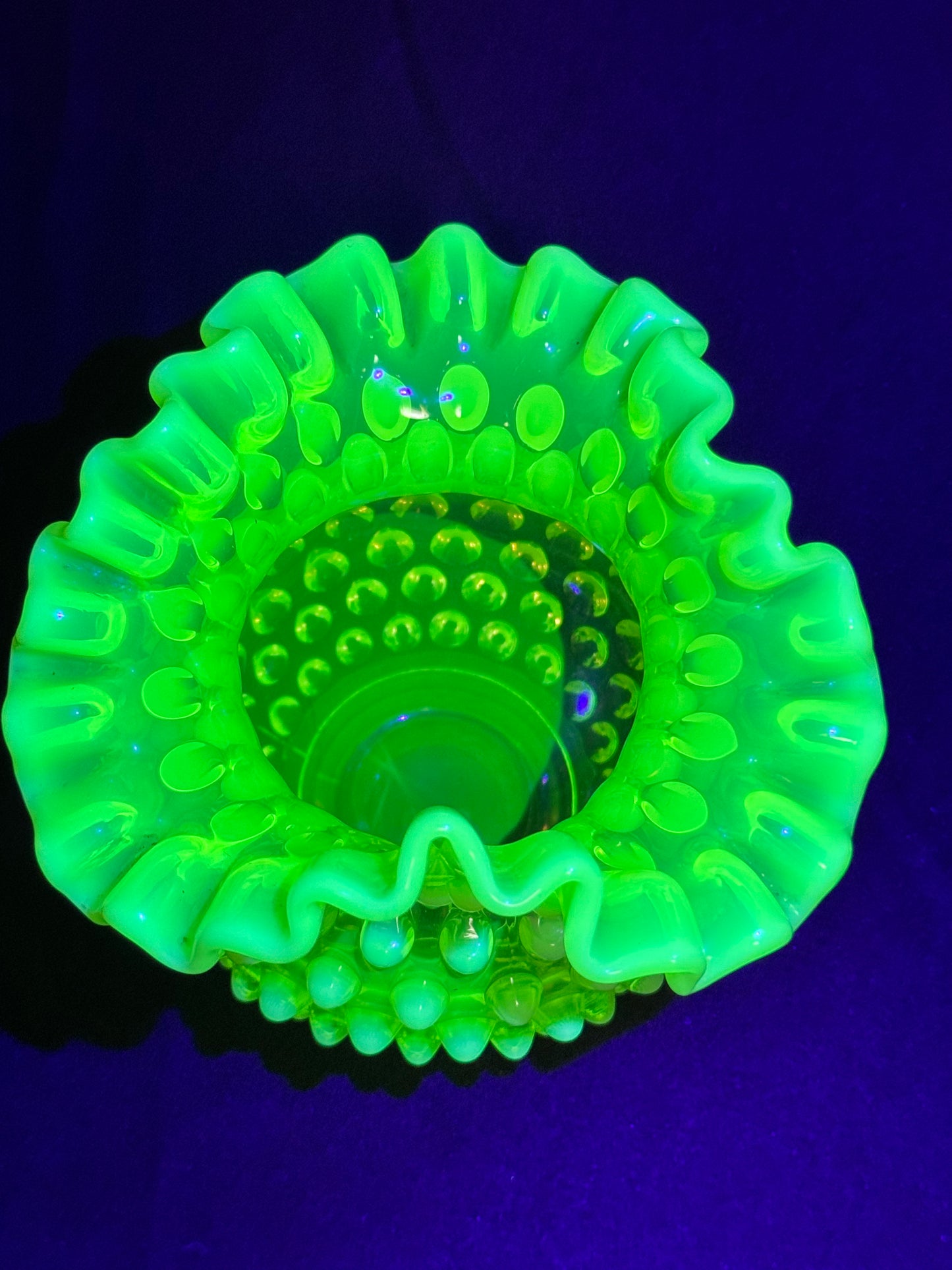 Uranium- Fenton- Hobnail- Ruffled Rose Vase- topaz opalescent