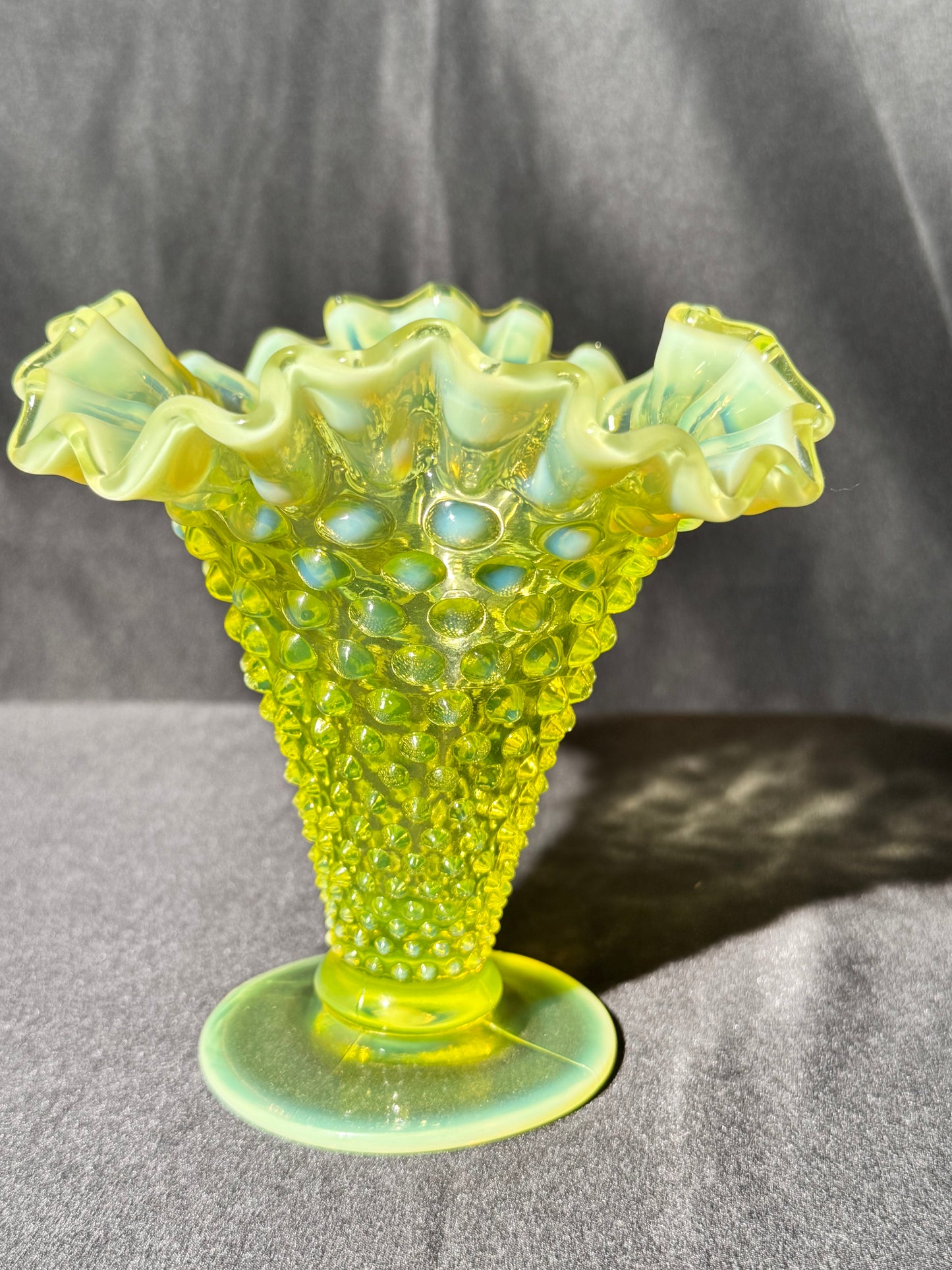 Uranium- Fenton- Hobnail- Ruffled Flower Vase - topaz opalescent