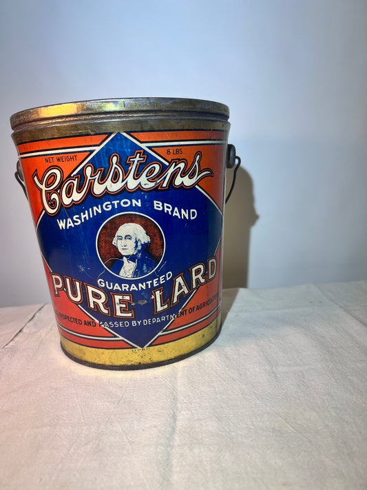 Antique - 8” tin - Carstens - Pure Lard - Washington Brand - US. Inspected and Passed by Department of Agriculture- established 224B