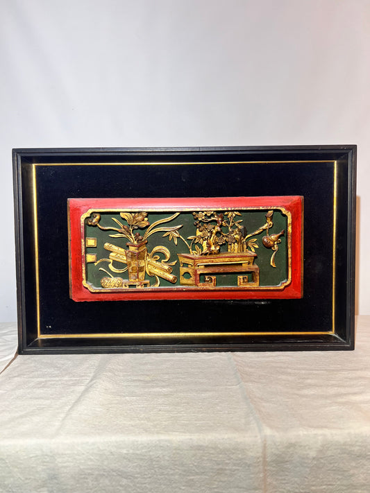 3D - Chinese - Wood carving picture- Black velvet background - Black wood frame - picture frame dimensions 18“ x 11“ x 1 1/2”