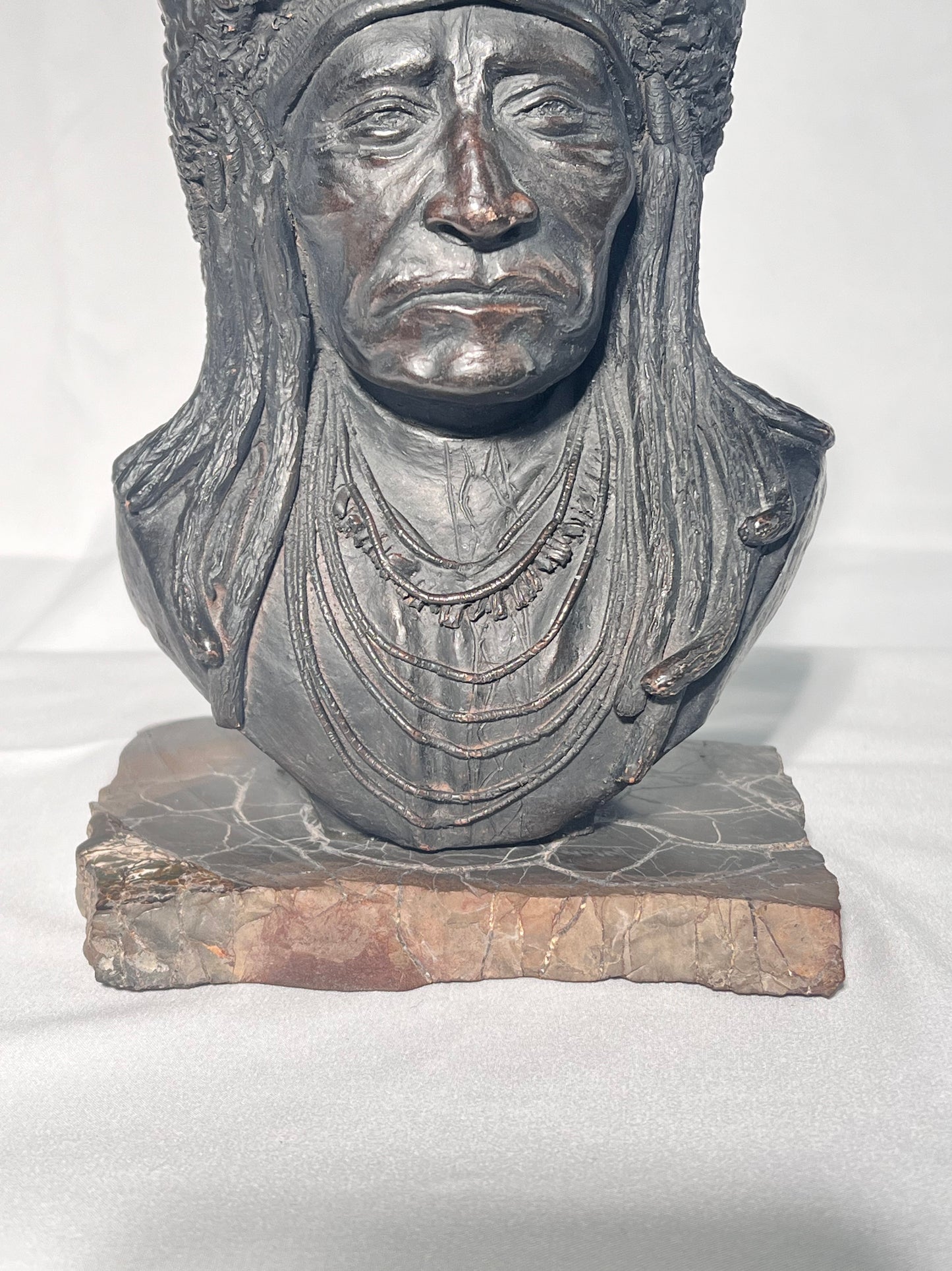 Phil Biship - 8 1/2” bust - Native American- cast stone sculpture- marble base