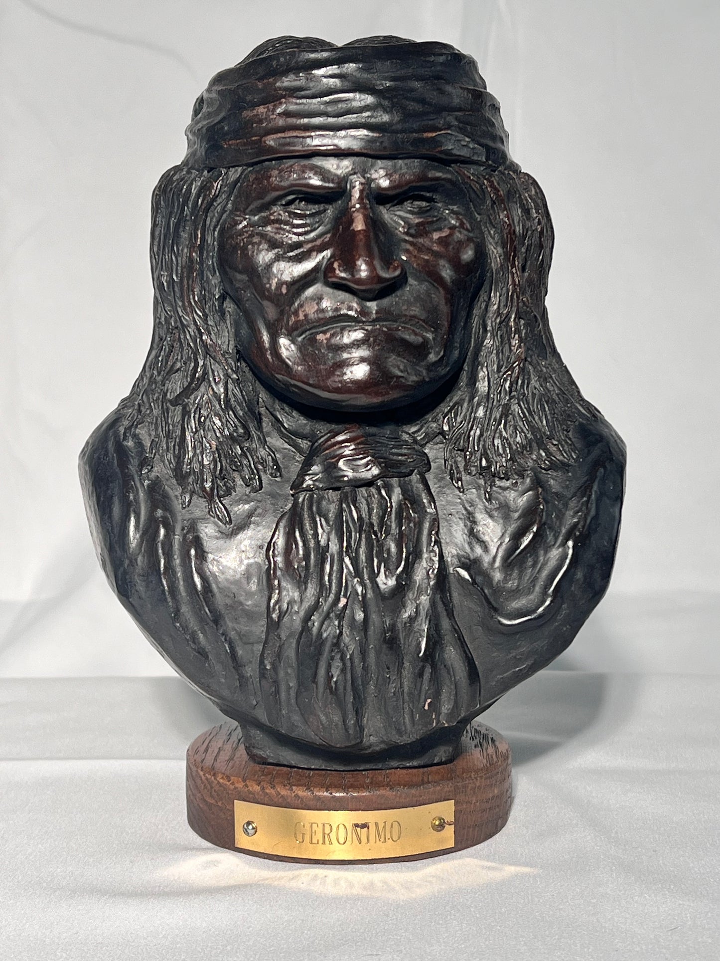 Phil Bishop - 9” bust -Geronimo -Native American- cast stone -wood base with name plate