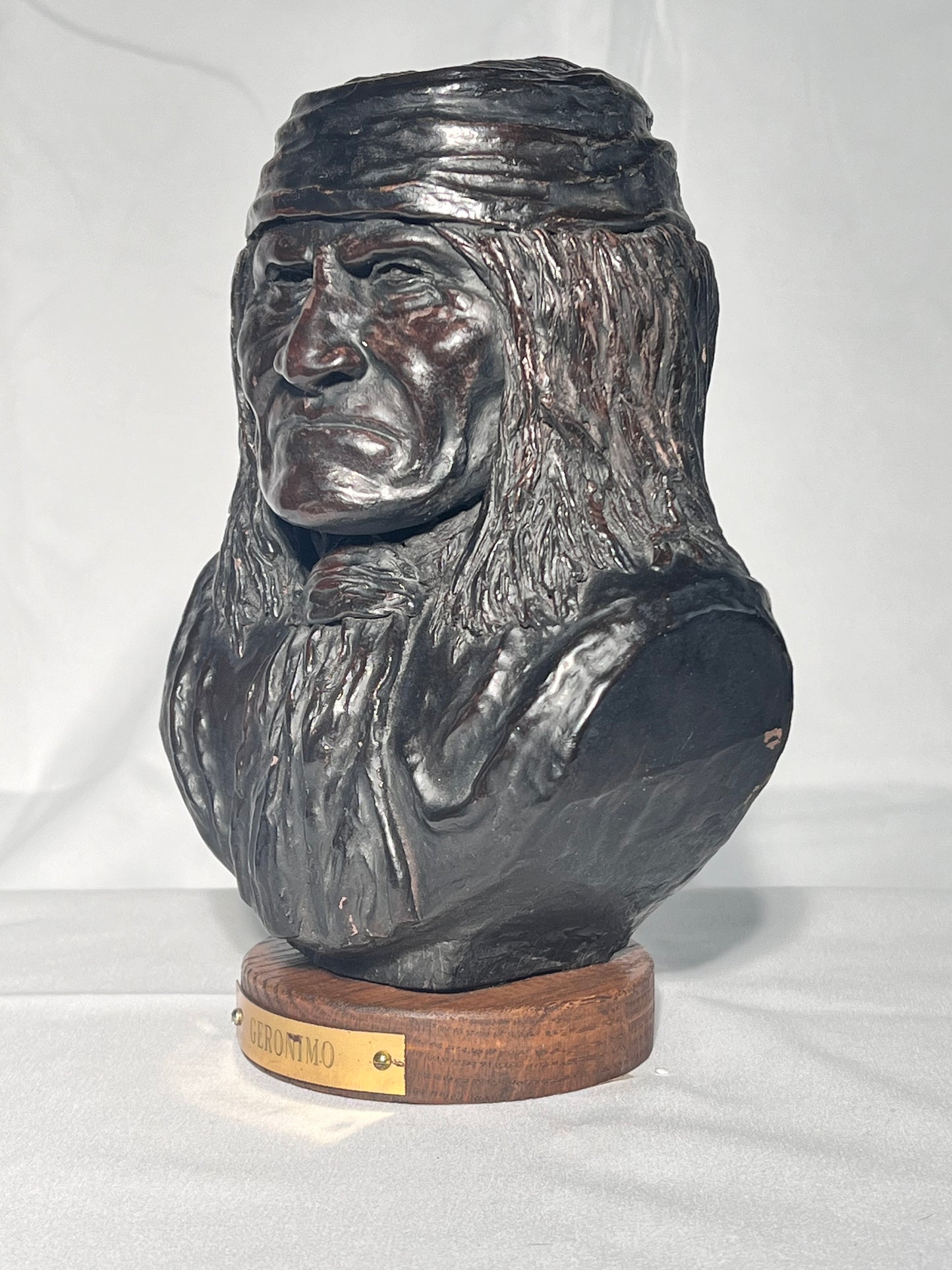 Phil Bishop - 9” bust -Geronimo -Native American- cast stone -wood base with name plate